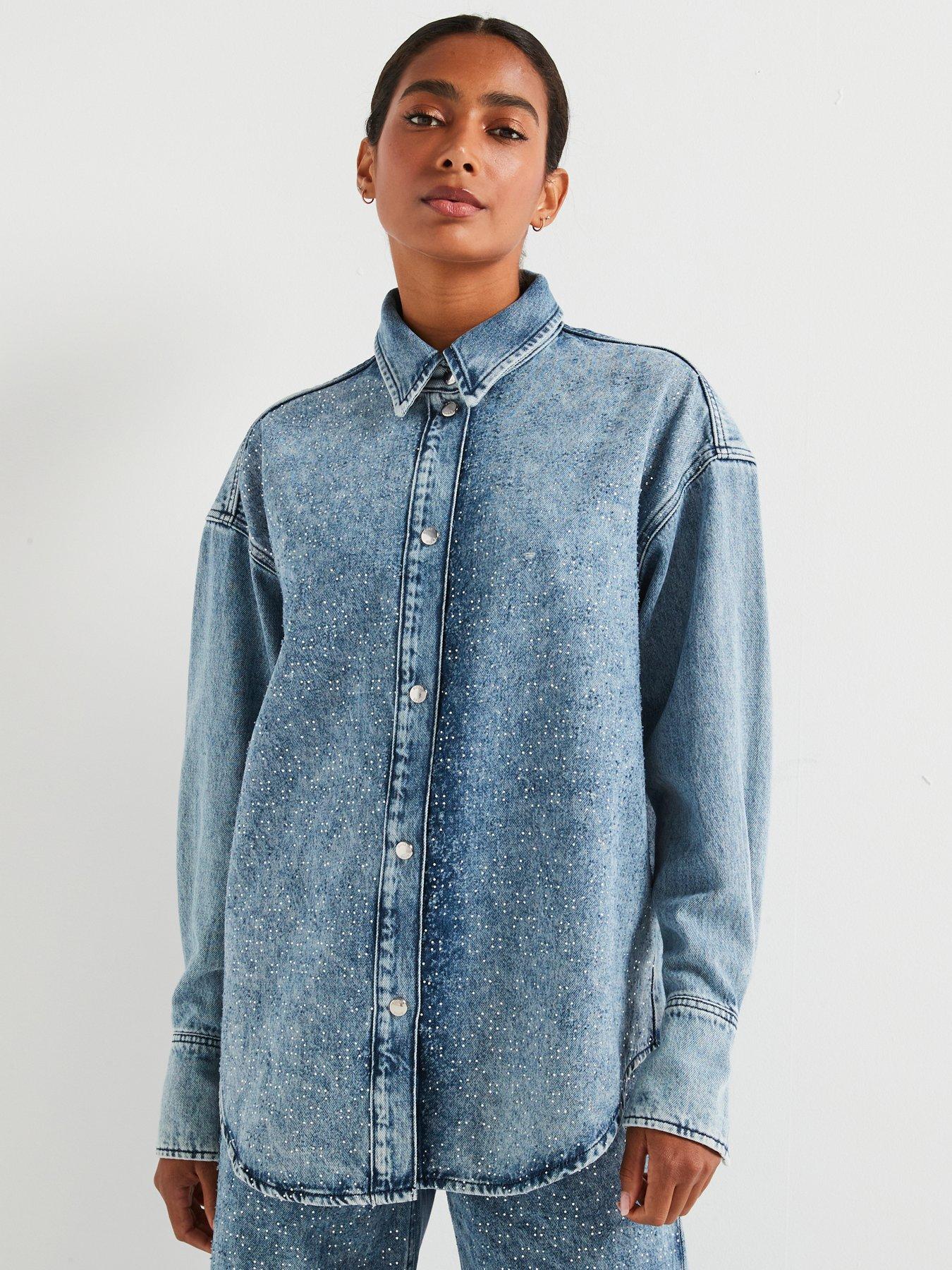BOSS Embellished Distressed Denim Shirt - Blue