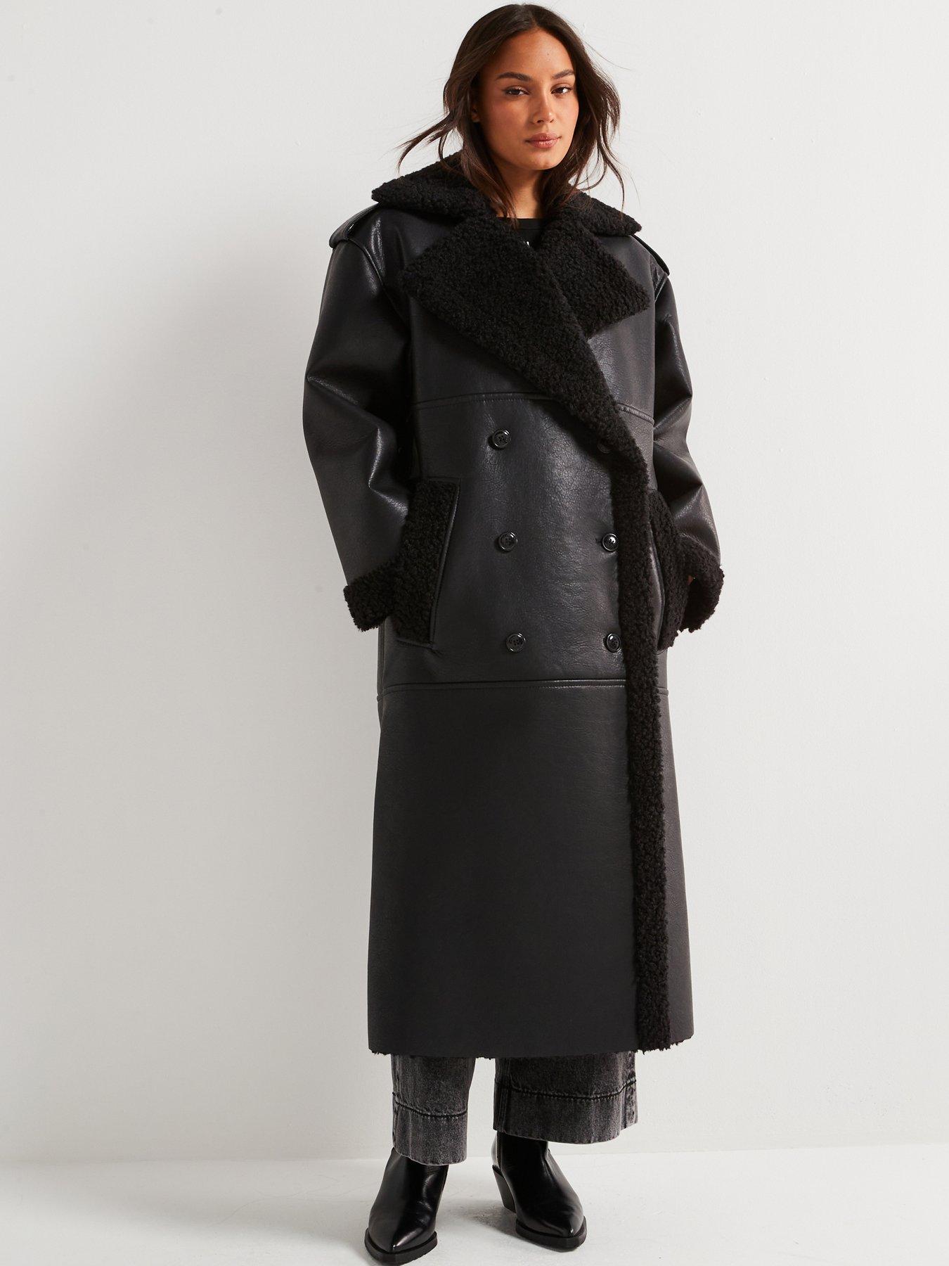 undefined Mifara Borg Lined Faux Leather Trench Coat - Black