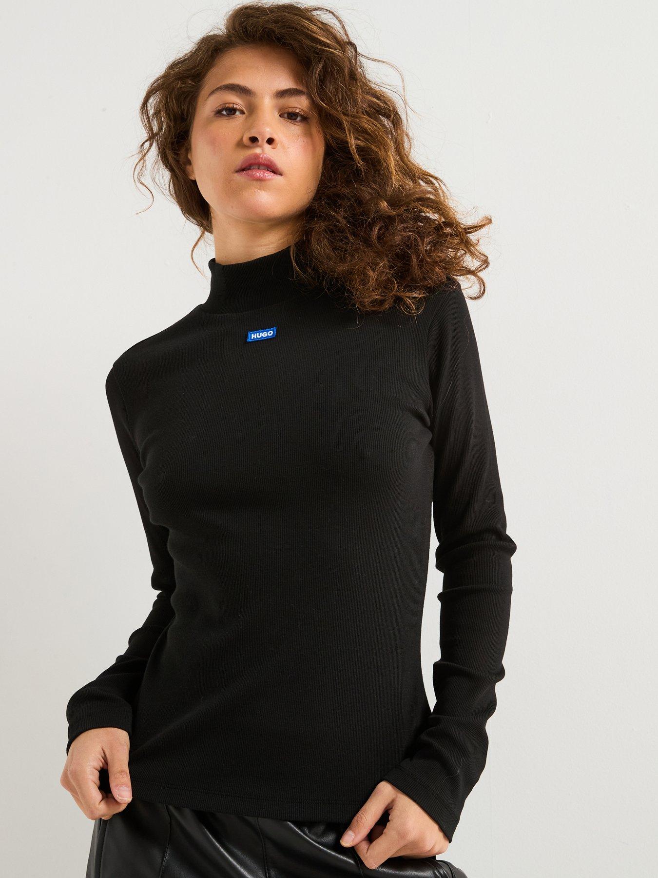 Image 1 of 4 of HUGO Easy Long Sleeve Chest Logo Polo Neck Top - Black