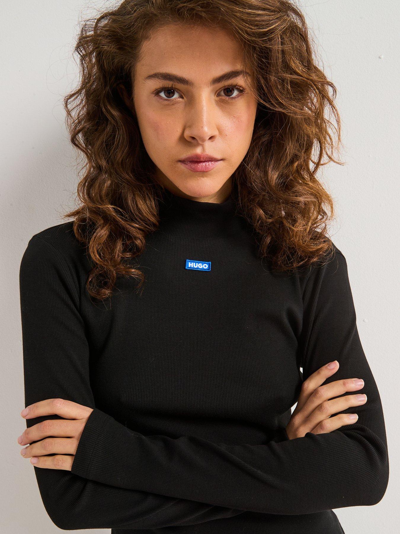 Image 4 of 4 of HUGO Easy Long Sleeve Chest Logo Polo Neck Top - Black
