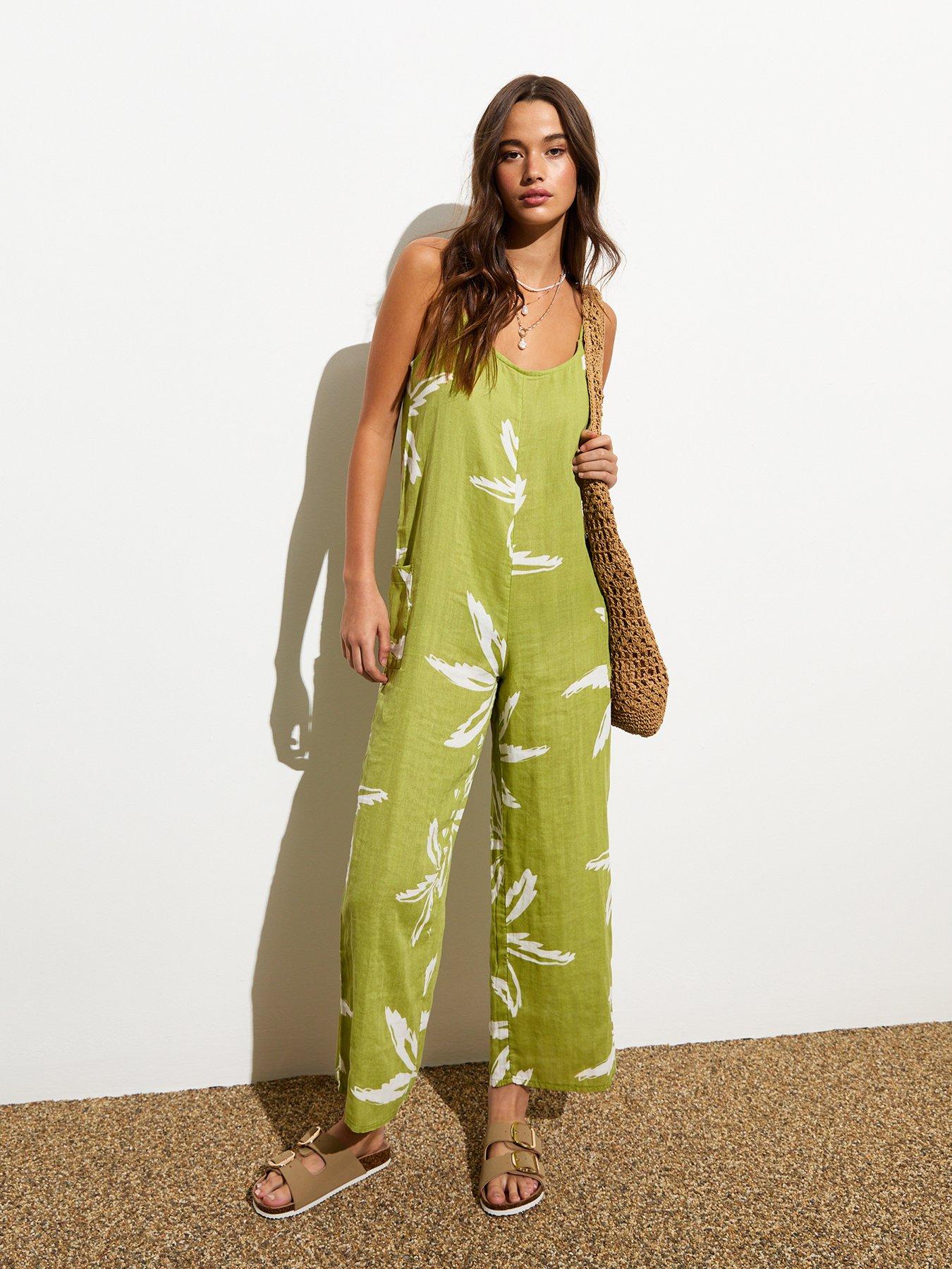 Green Cotton Palm print Strappy Jumpsuit