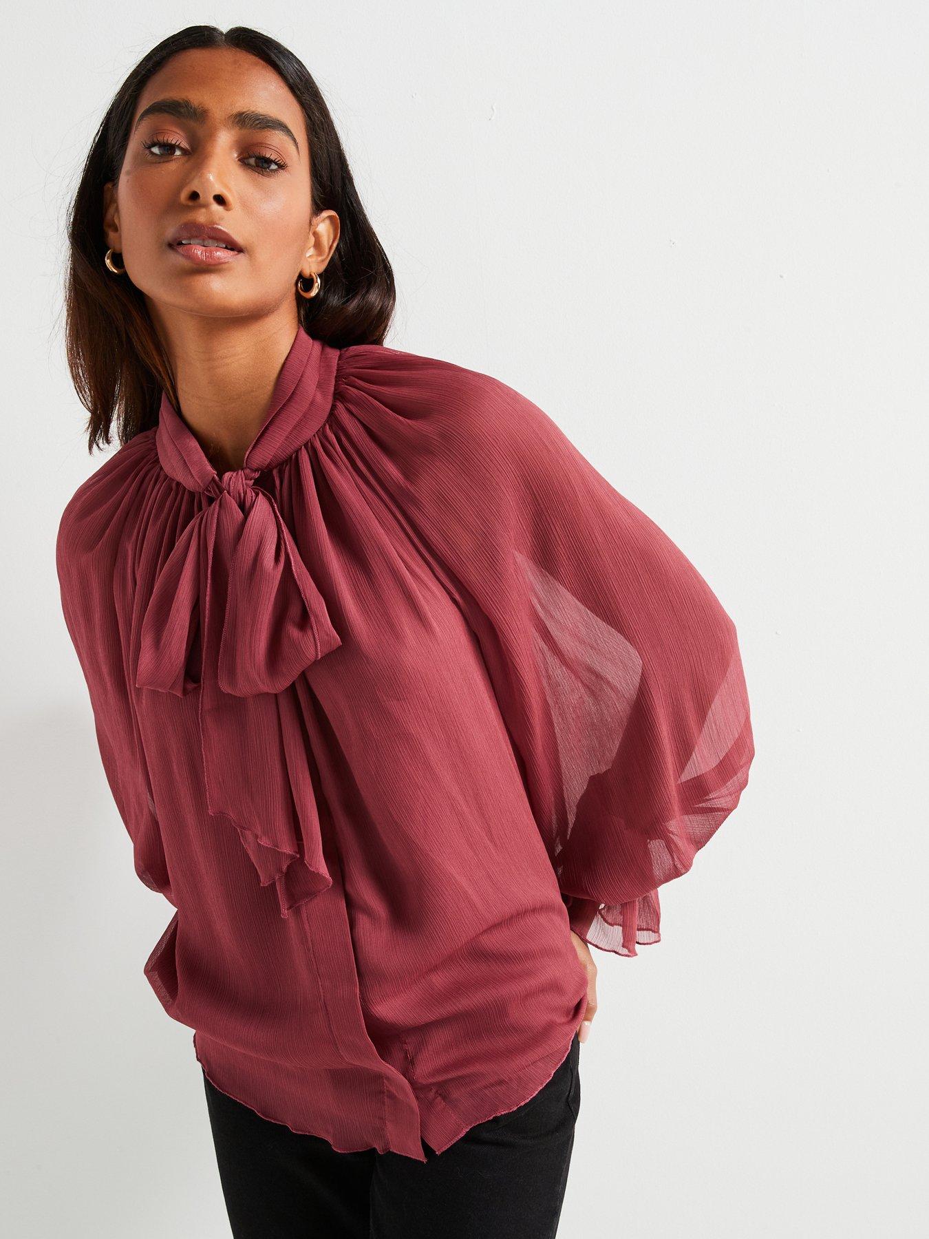 undefined Volume Sleeve Pussy Bow Blouse - Dusky Pink