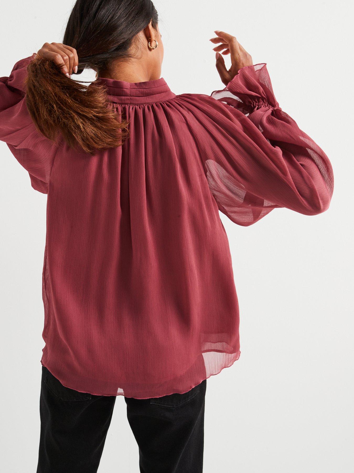  image of v-by-very-volume-sleeve-pussy-bow-blouse-dusky-pink