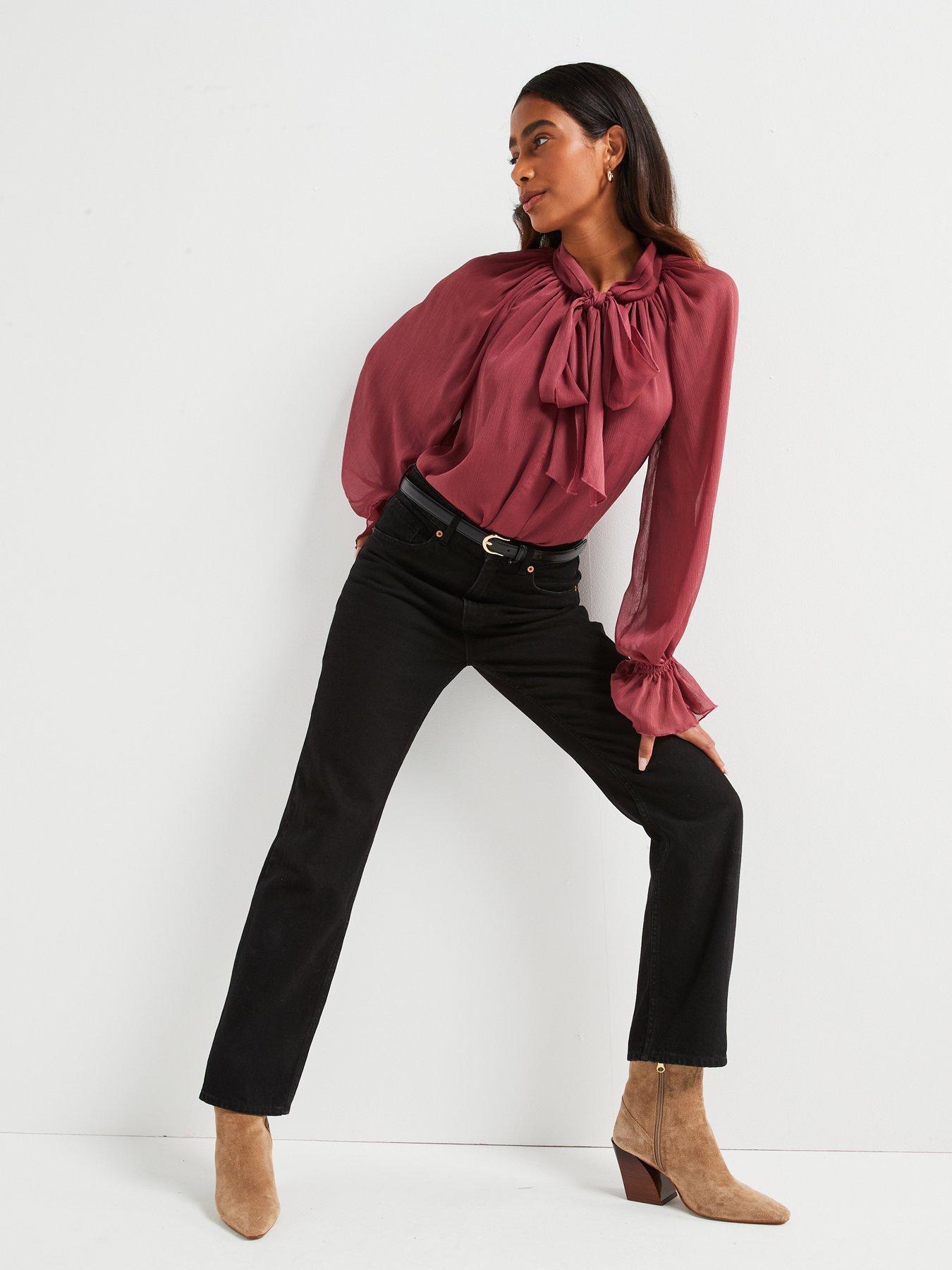  image of v-by-very-volume-sleeve-pussy-bow-blouse-dusky-pink
