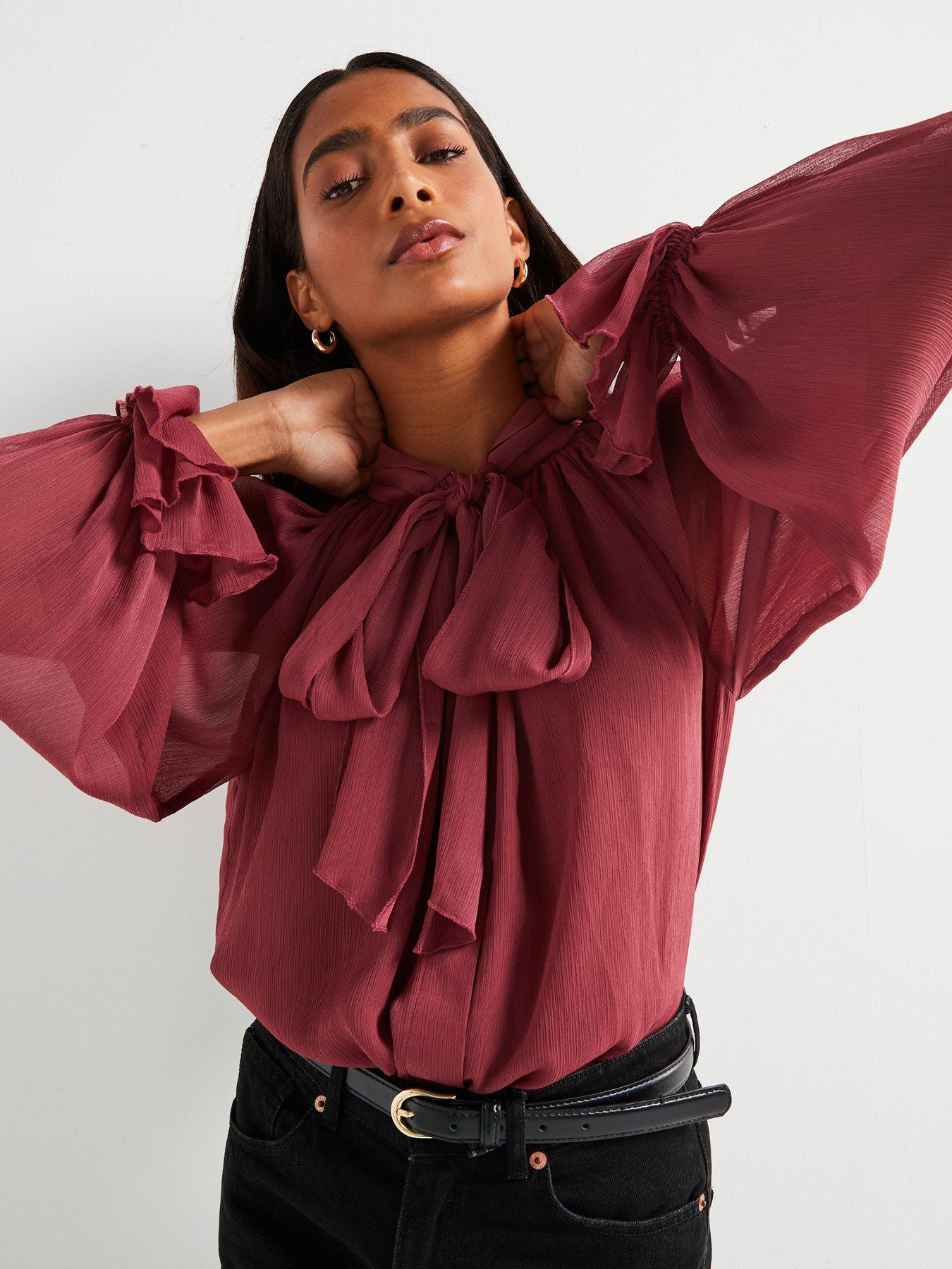  image of v-by-very-volume-sleeve-pussy-bow-blouse-dusky-pink
