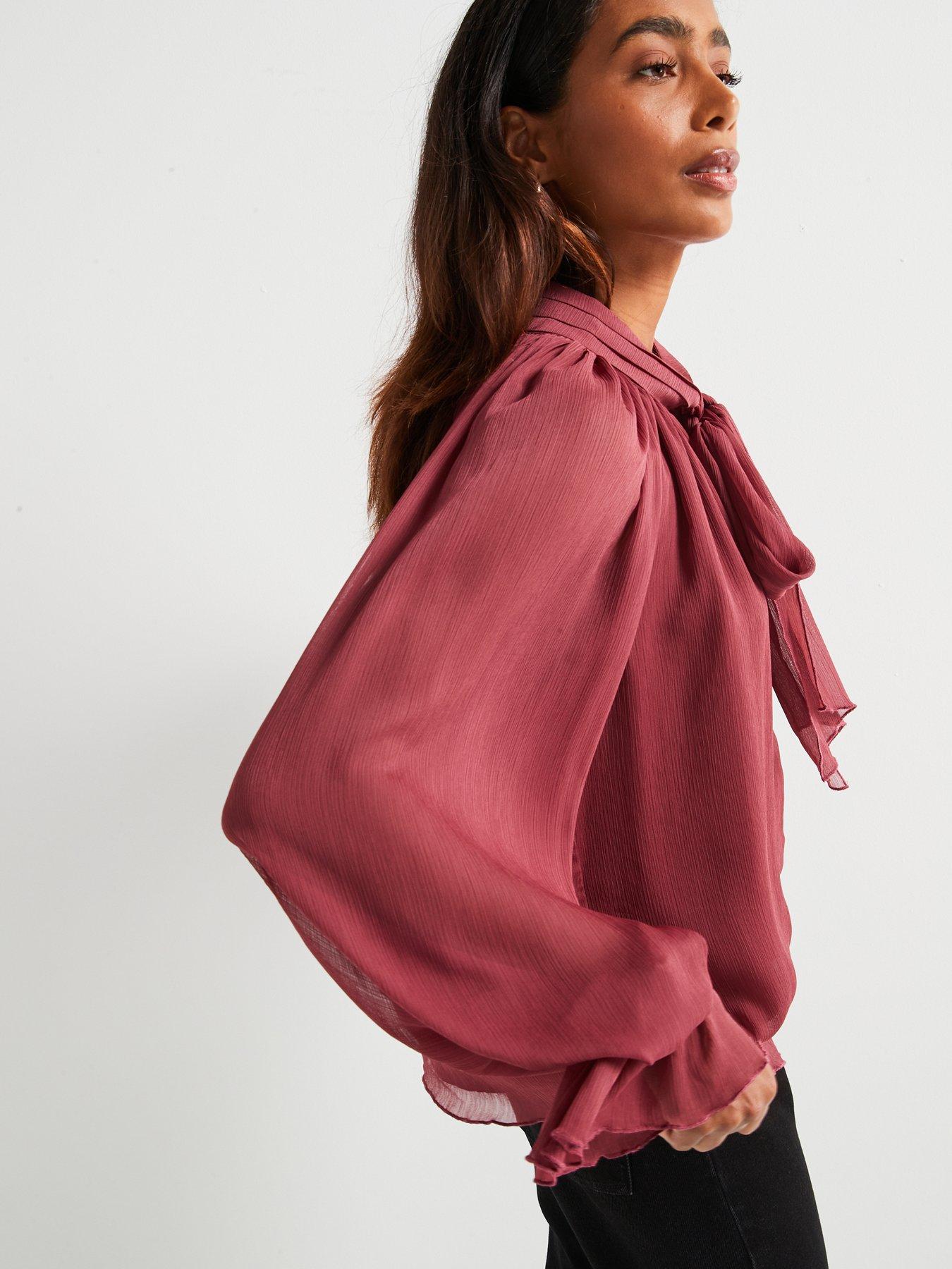  image of v-by-very-volume-sleeve-pussy-bow-blouse-dusky-pink