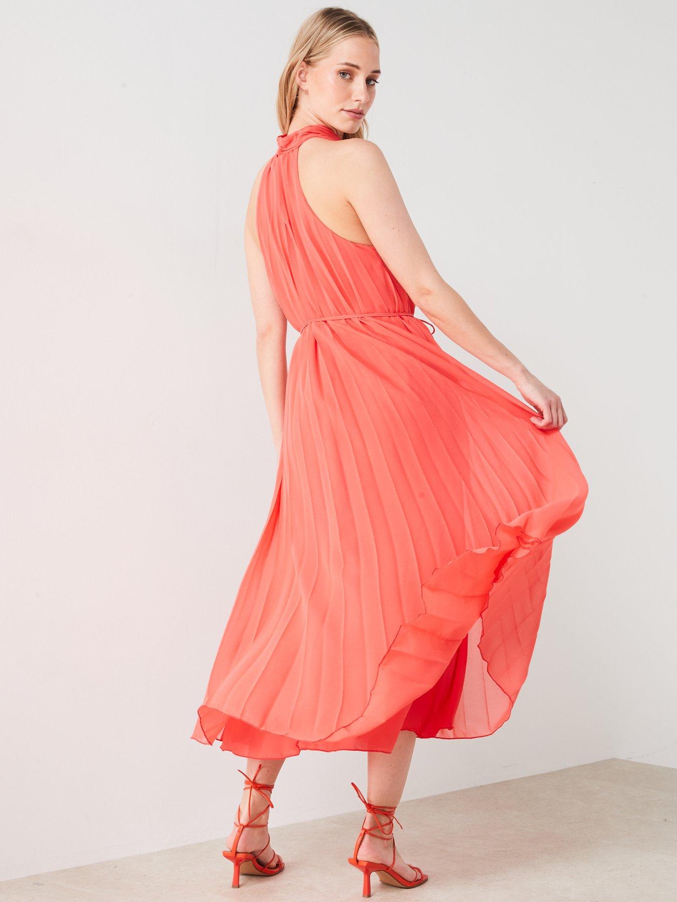 Mango Pleated Halter Neck Midi Dress - Coral | Littlewoods
