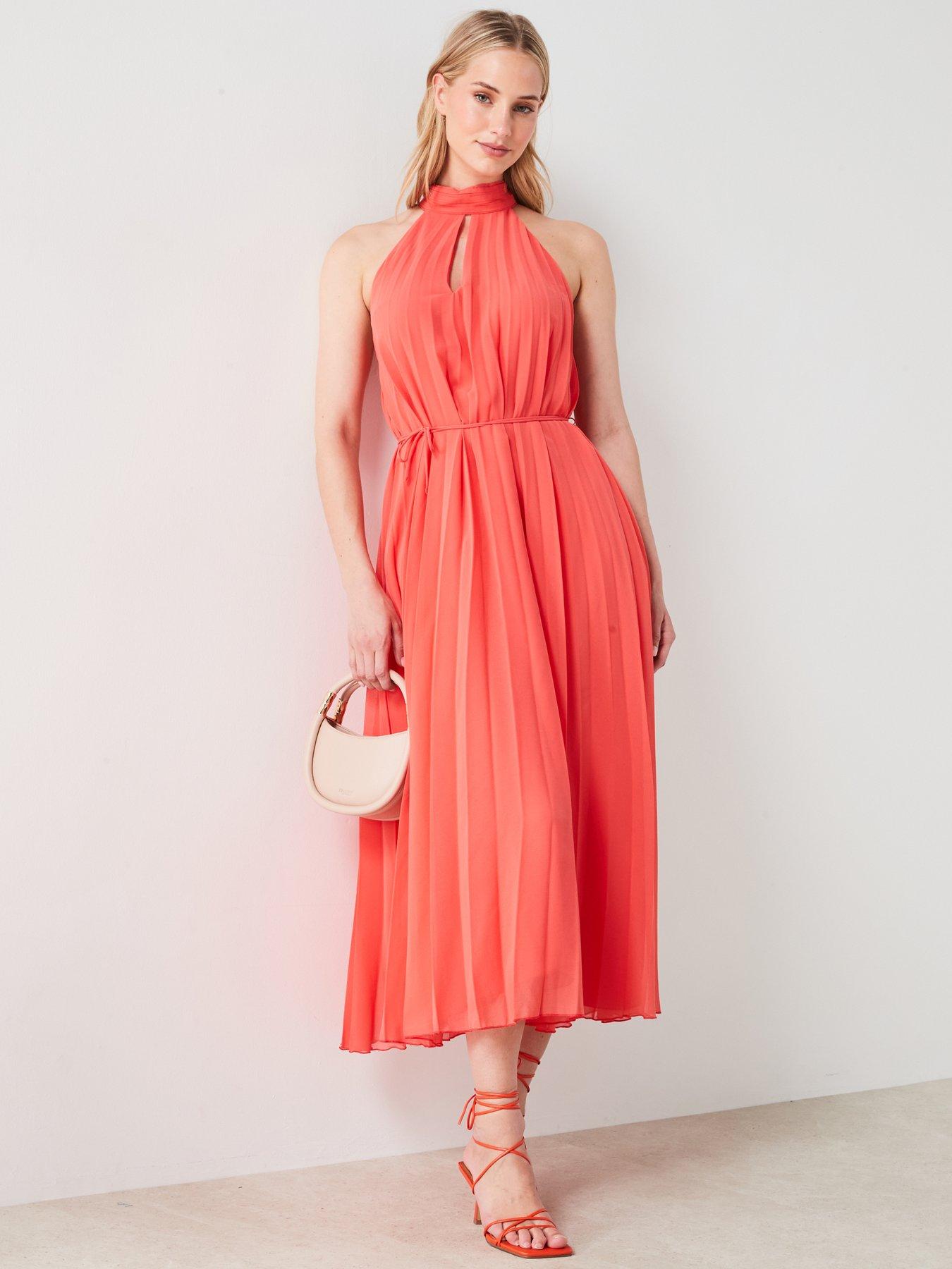 Mango Pleated Halter Neck Midi Dress - Coral | Littlewoods
