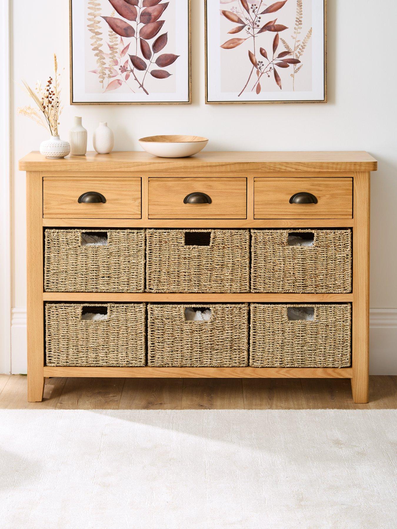 The Very Collection Ashwin Ready Assembled 3 Drawer, 6 Basket Sideboard in Rustic Oak - contains Solid Wood
