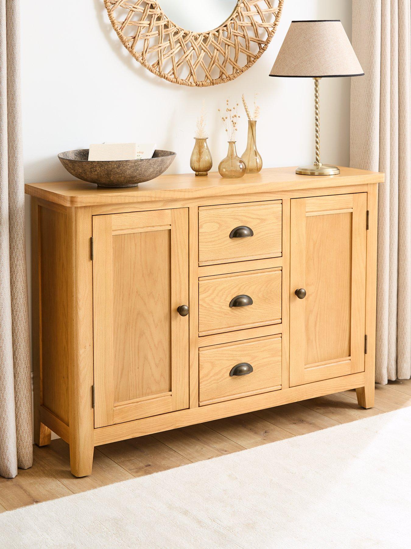 The Very Collection Ashwin Ready Assembled 2 Door, 3 Drawer Large Sideboard in Rustic Oak - contains Solid Wood