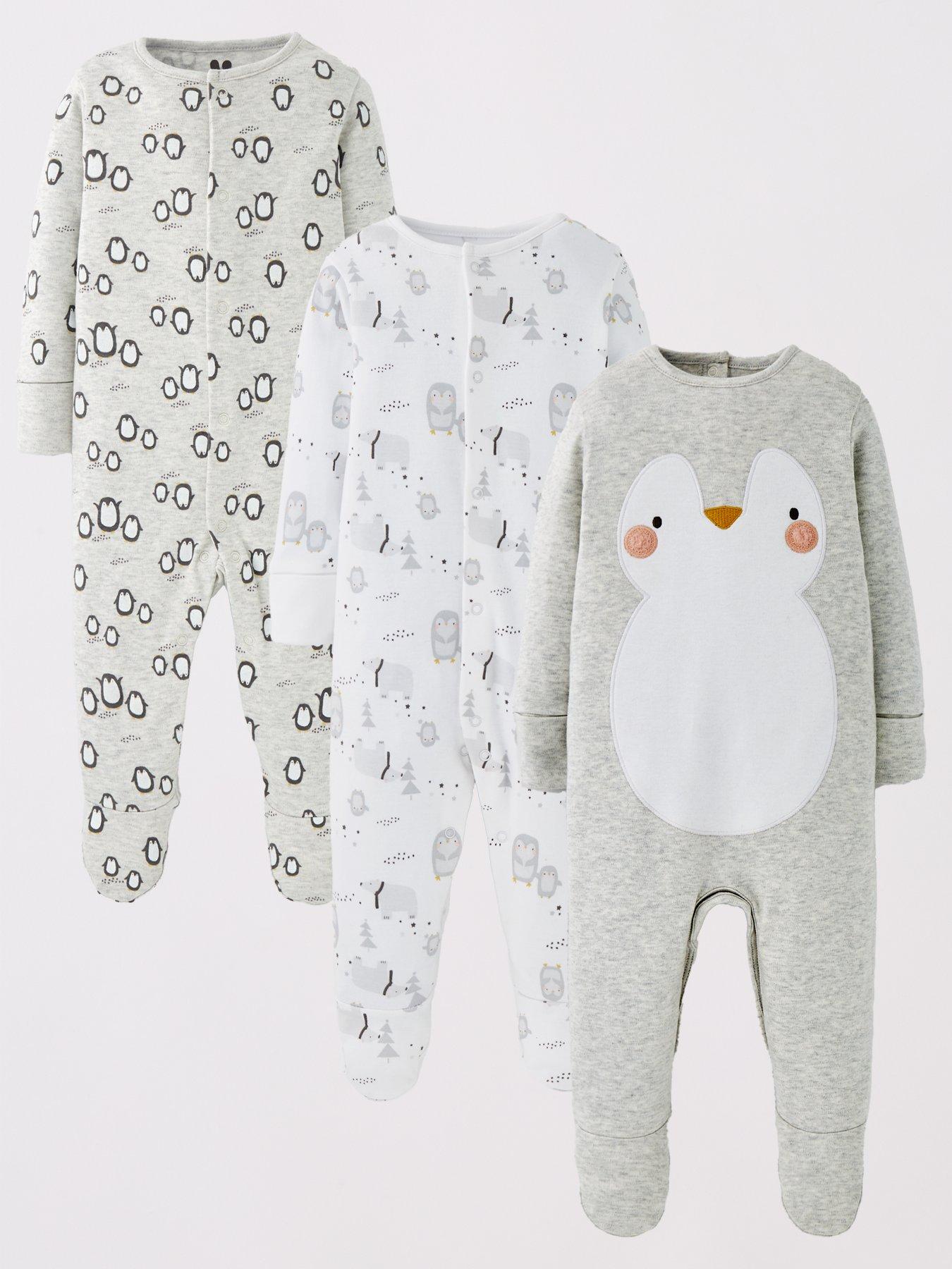  image of mini-v-by-very-unisex-3-pack-penguin-sleepsuit-multi