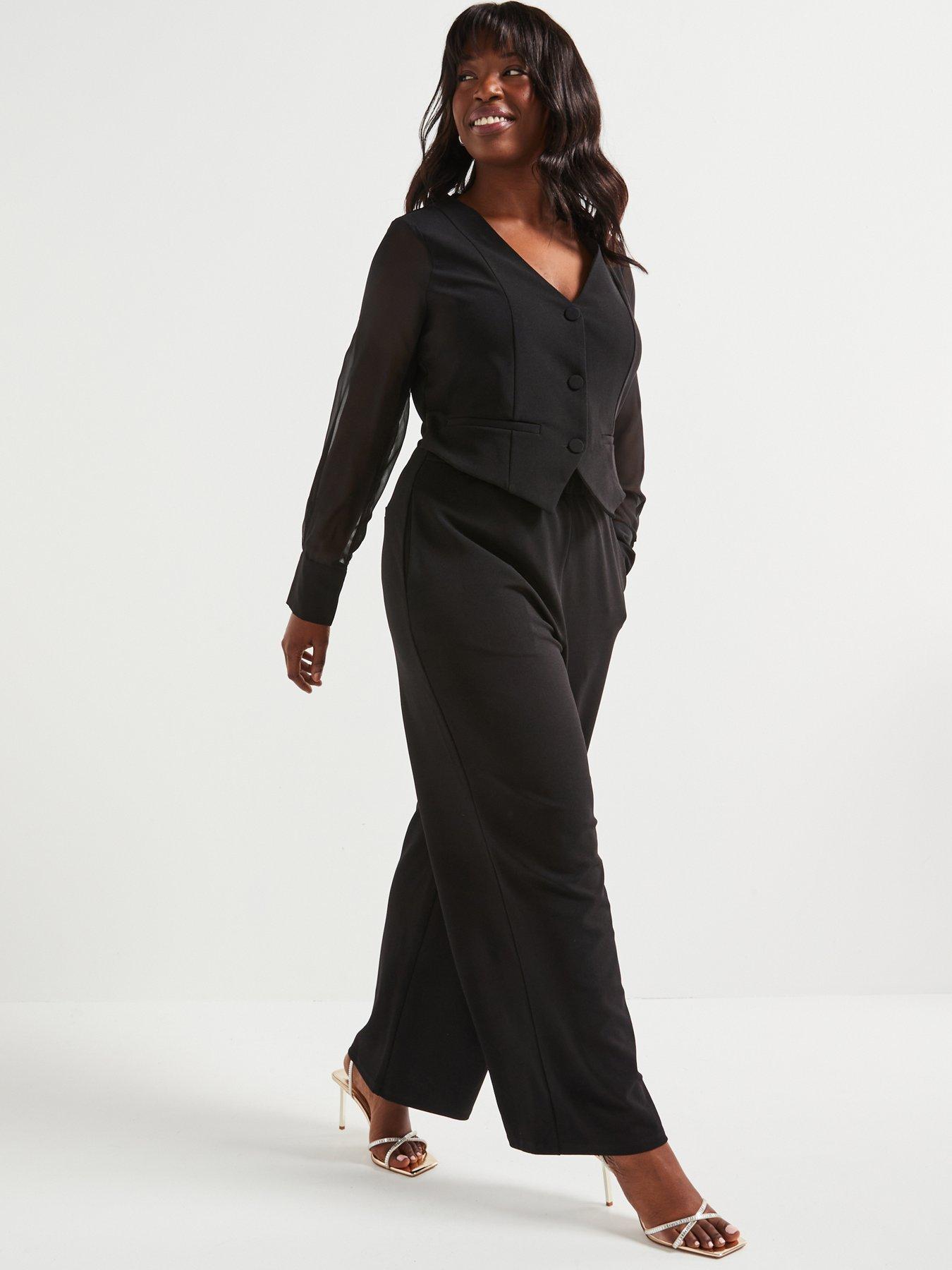 Image 5 of 6 of V by Very Curve Waistcoat Chiffon Sleeve Jumpsuit - Black