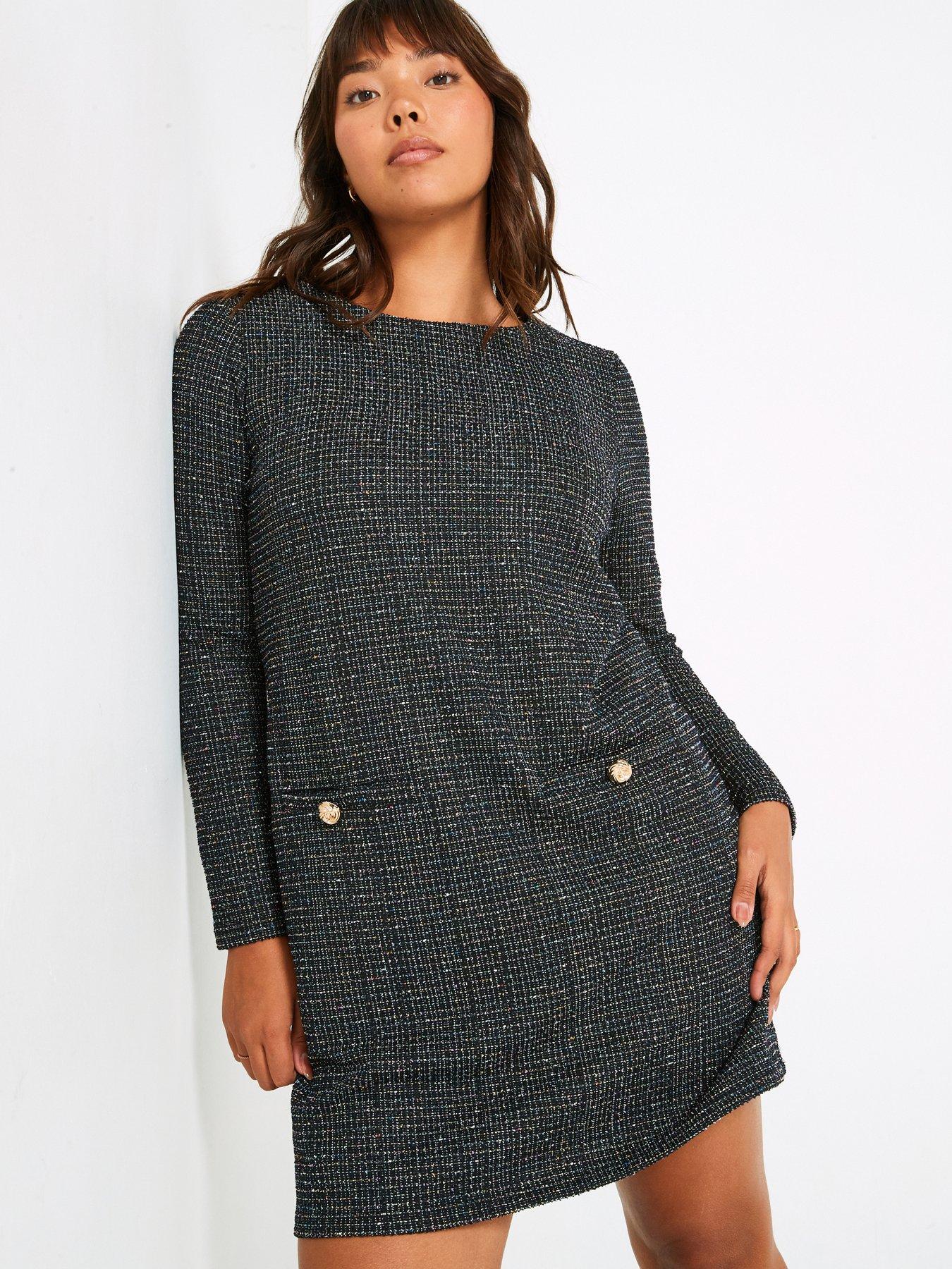 undefined Long Sleeve Boucle Shift Dress - Black