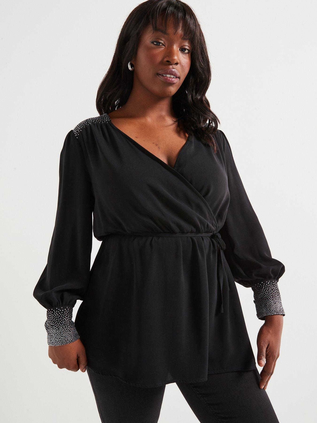 undefined Embellished Cuff  &  Shoulder Wrap Blouse - Black