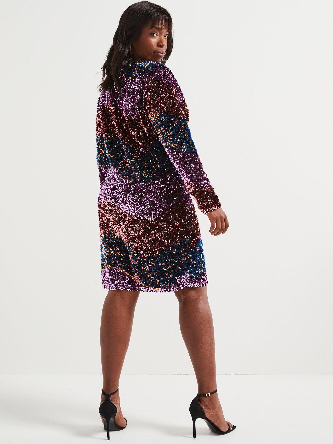  image of v-by-very-curve-sequin-neck-mini-dress-multi