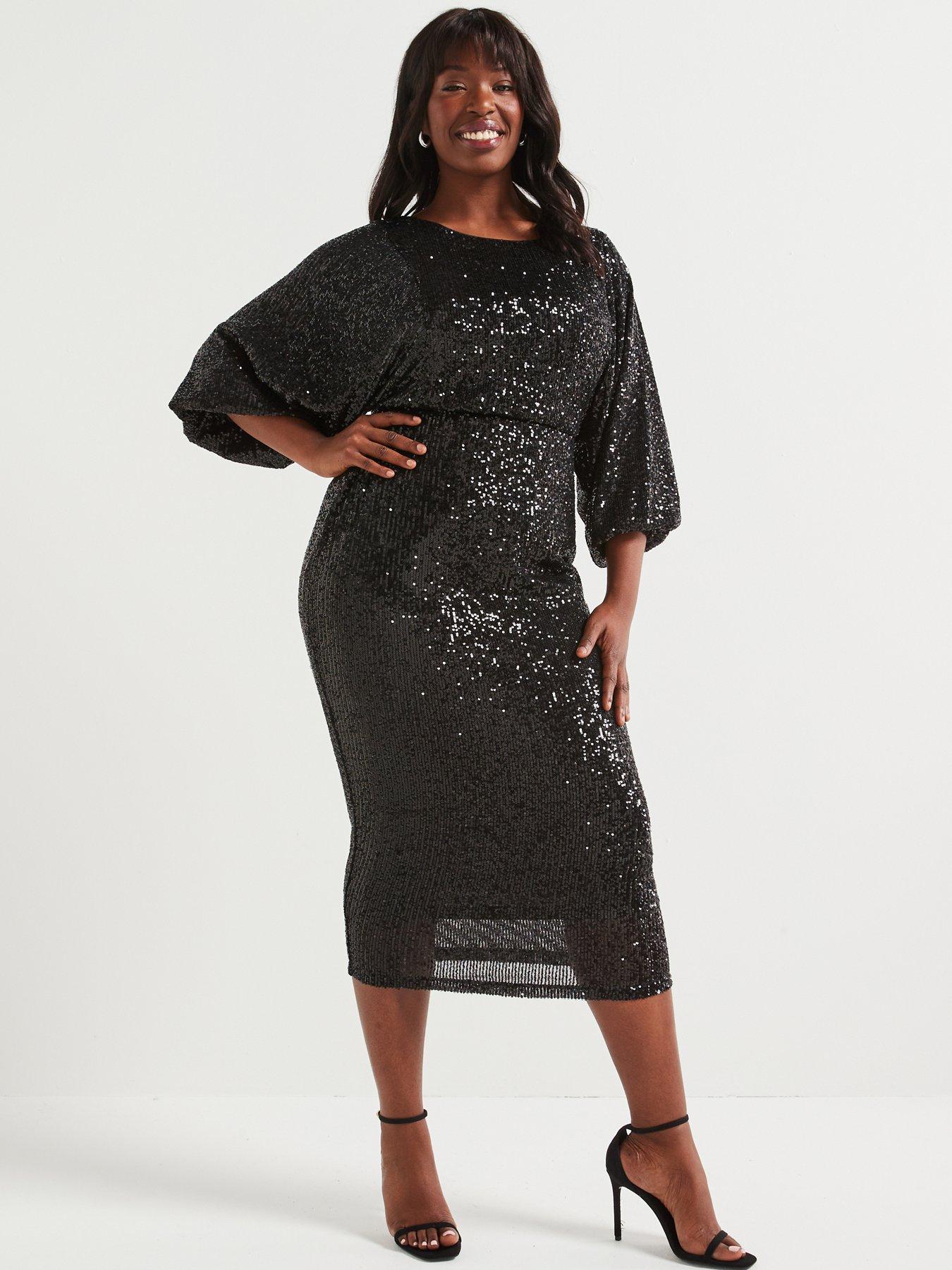 V by Very Curve Long Sleeve Bow Back Sequin Midi Dress Black