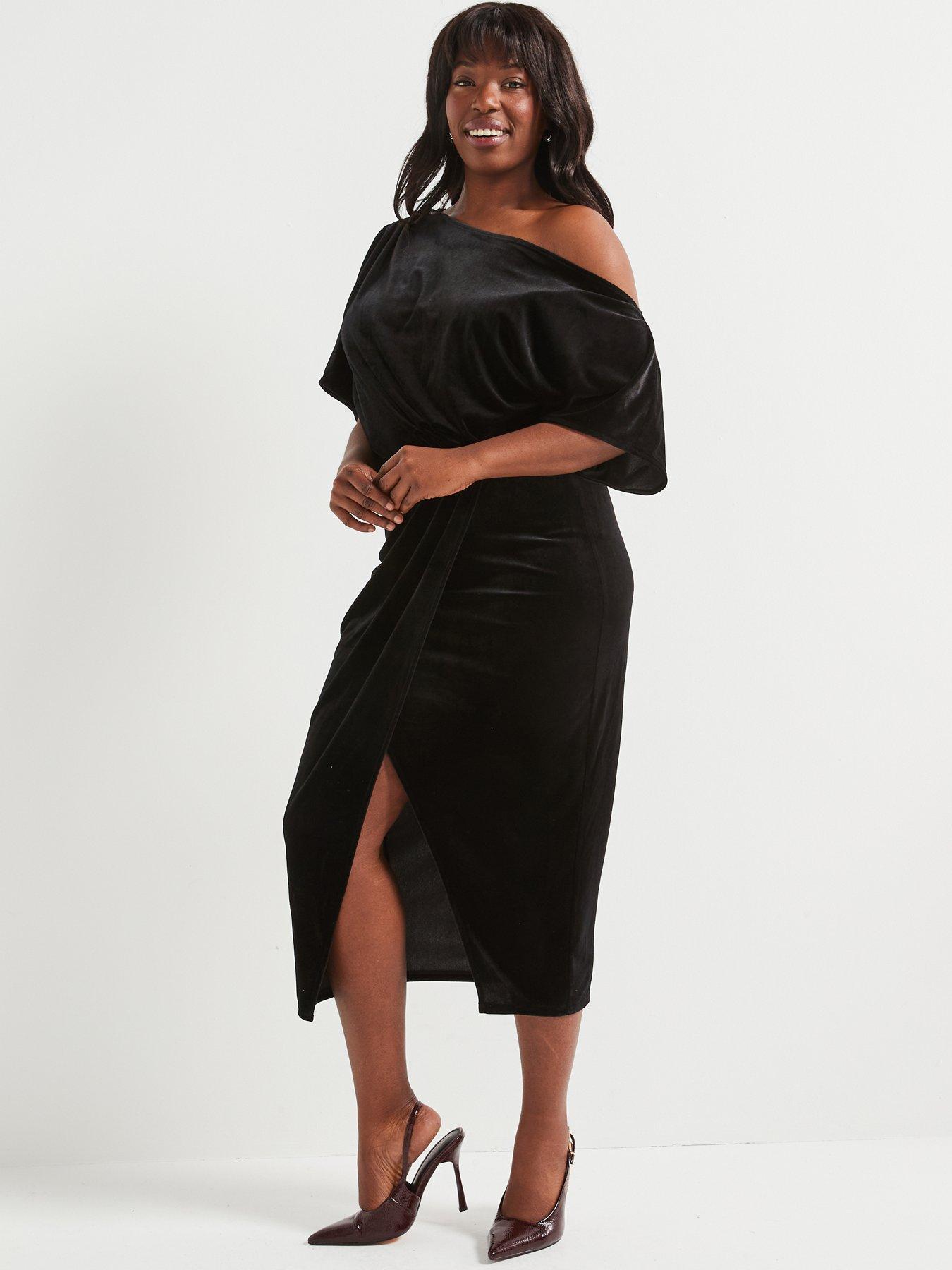 Off The Shoulder Stretch Velvet Midi Dress Black