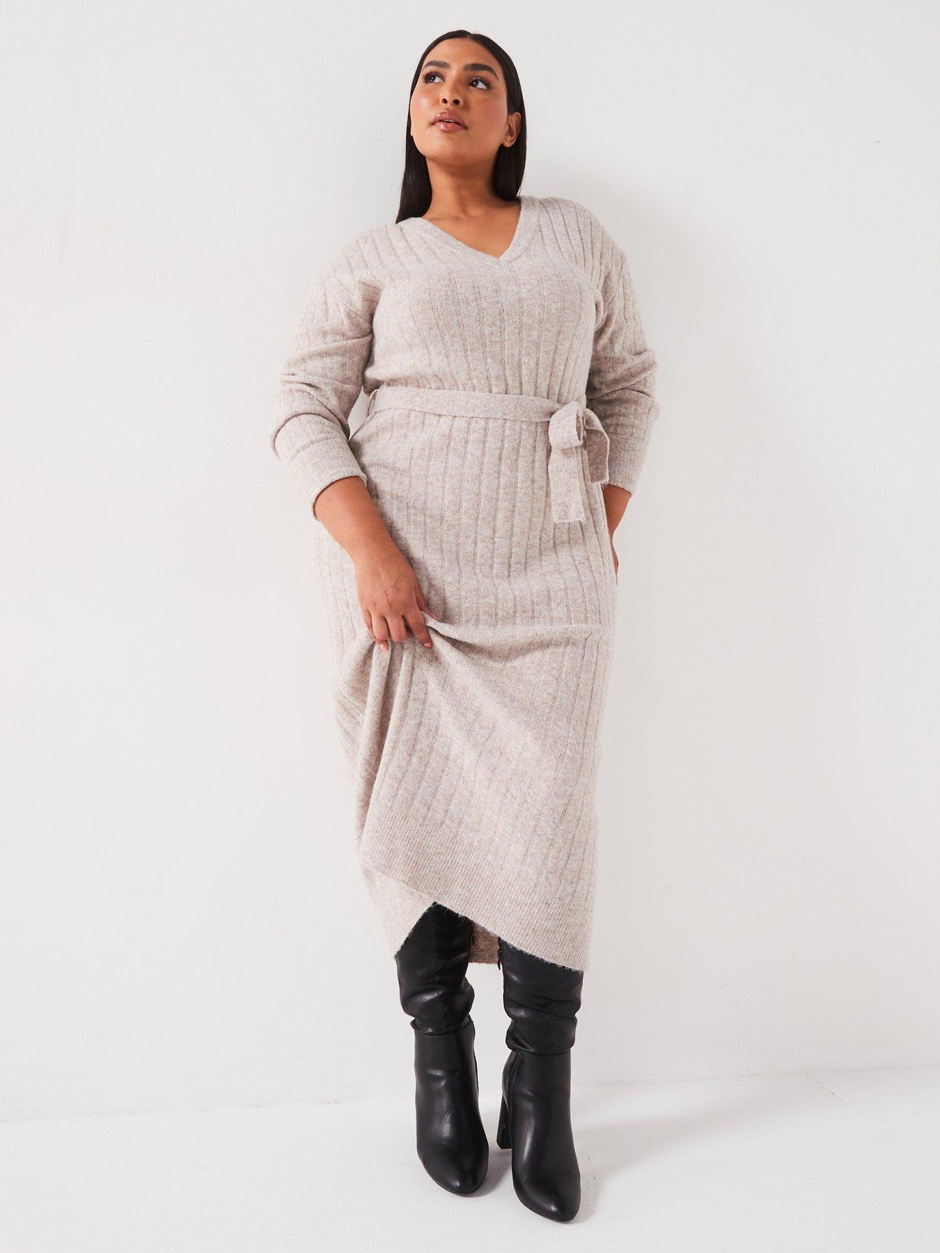 undefined V Neck Knitted Dress - Beige