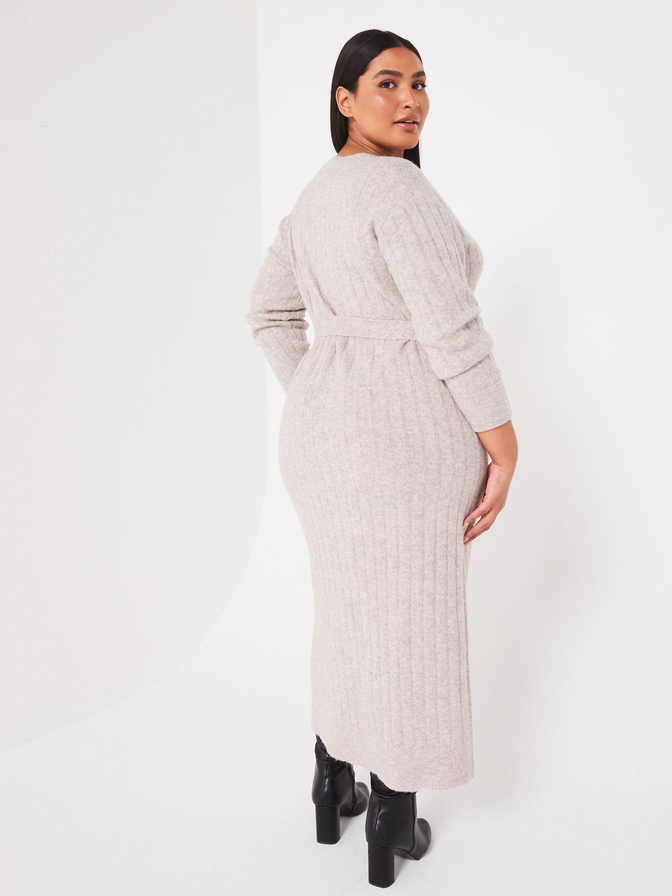 Image 2 of 6 of The Very Collection Curve V Neck Knitted Dress - Beige