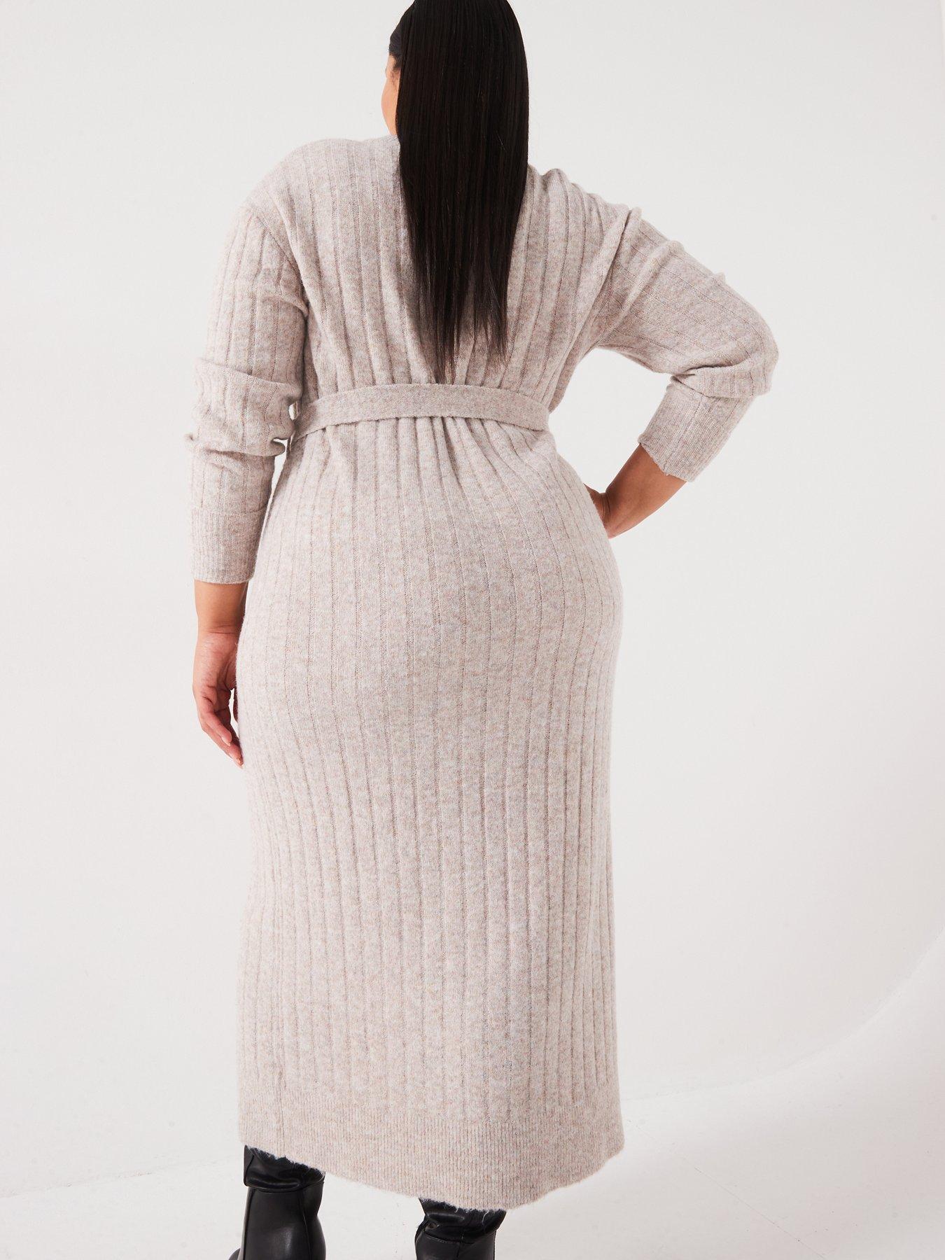 Image 6 of 6 of The Very Collection Curve V Neck Knitted Dress - Beige