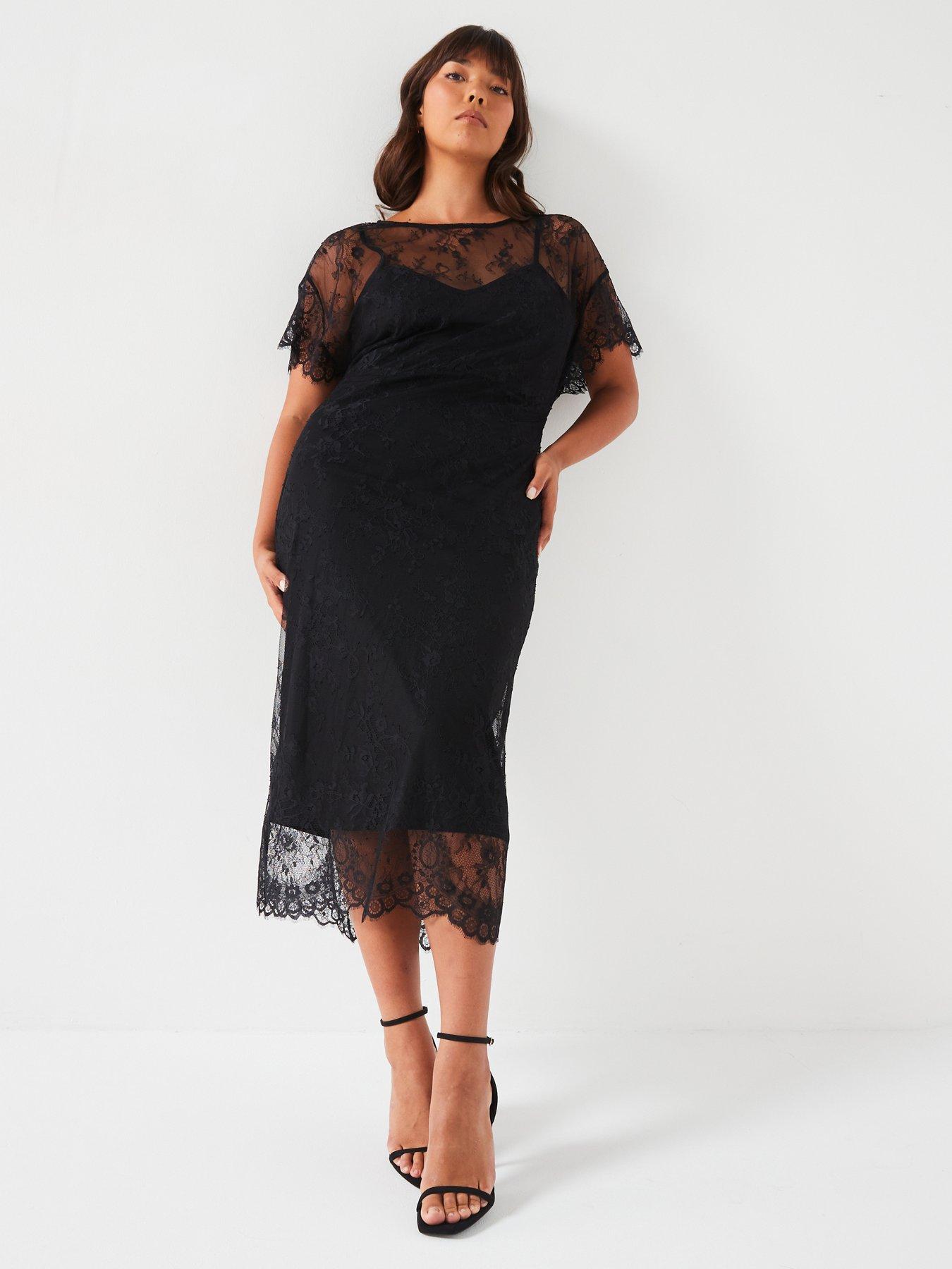 undefined Batwing Sleeve Lace Midi Dress - Black