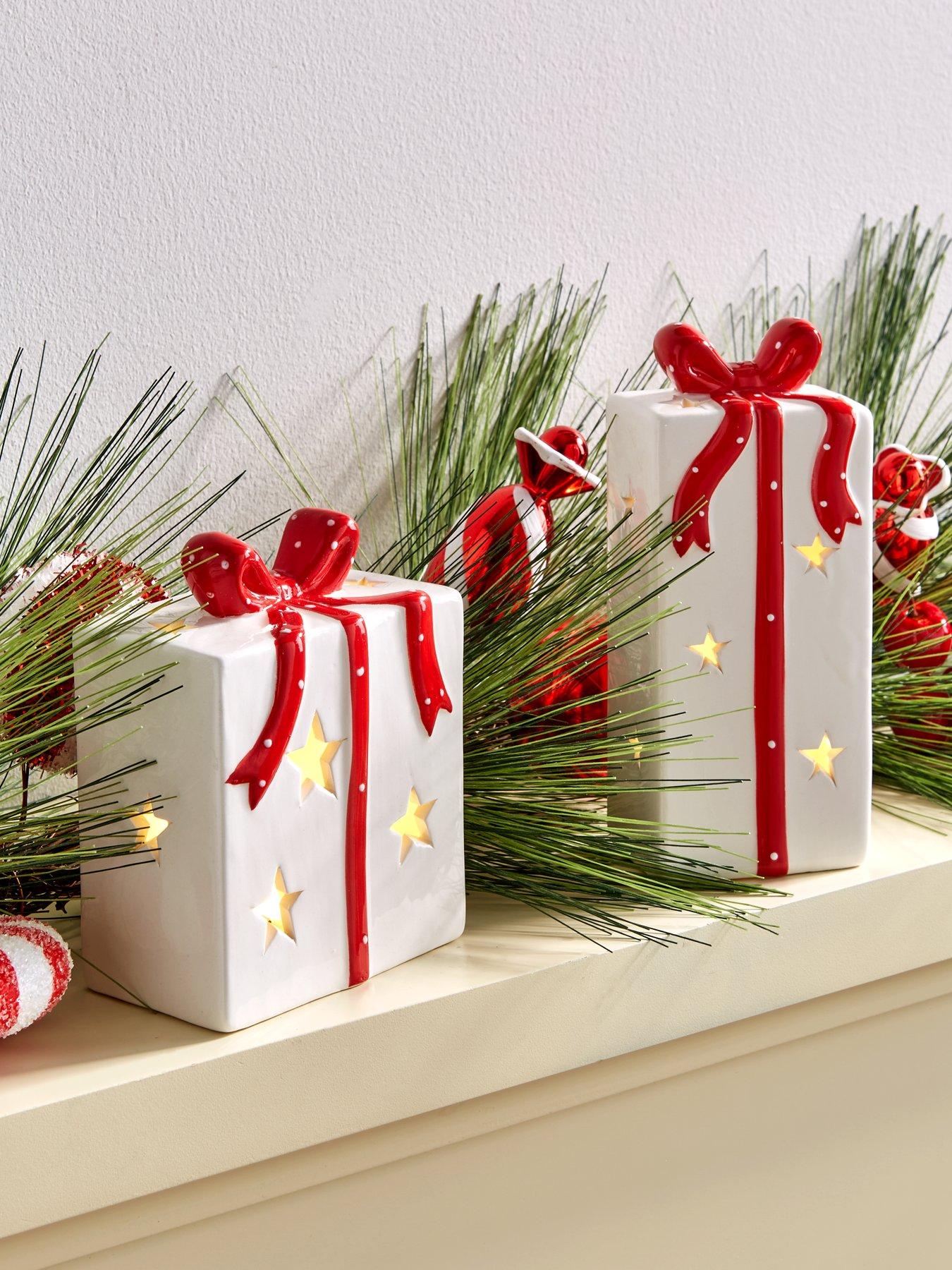 Festive Set of 2 Ceramic Light Up Christmas Present Decorations