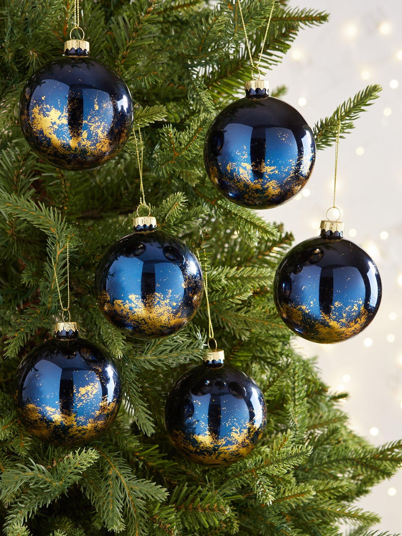 Image 1 of 4 of Festive Set 6 Gold/Blue Glass Christmas Tree&nbsp;Baubles