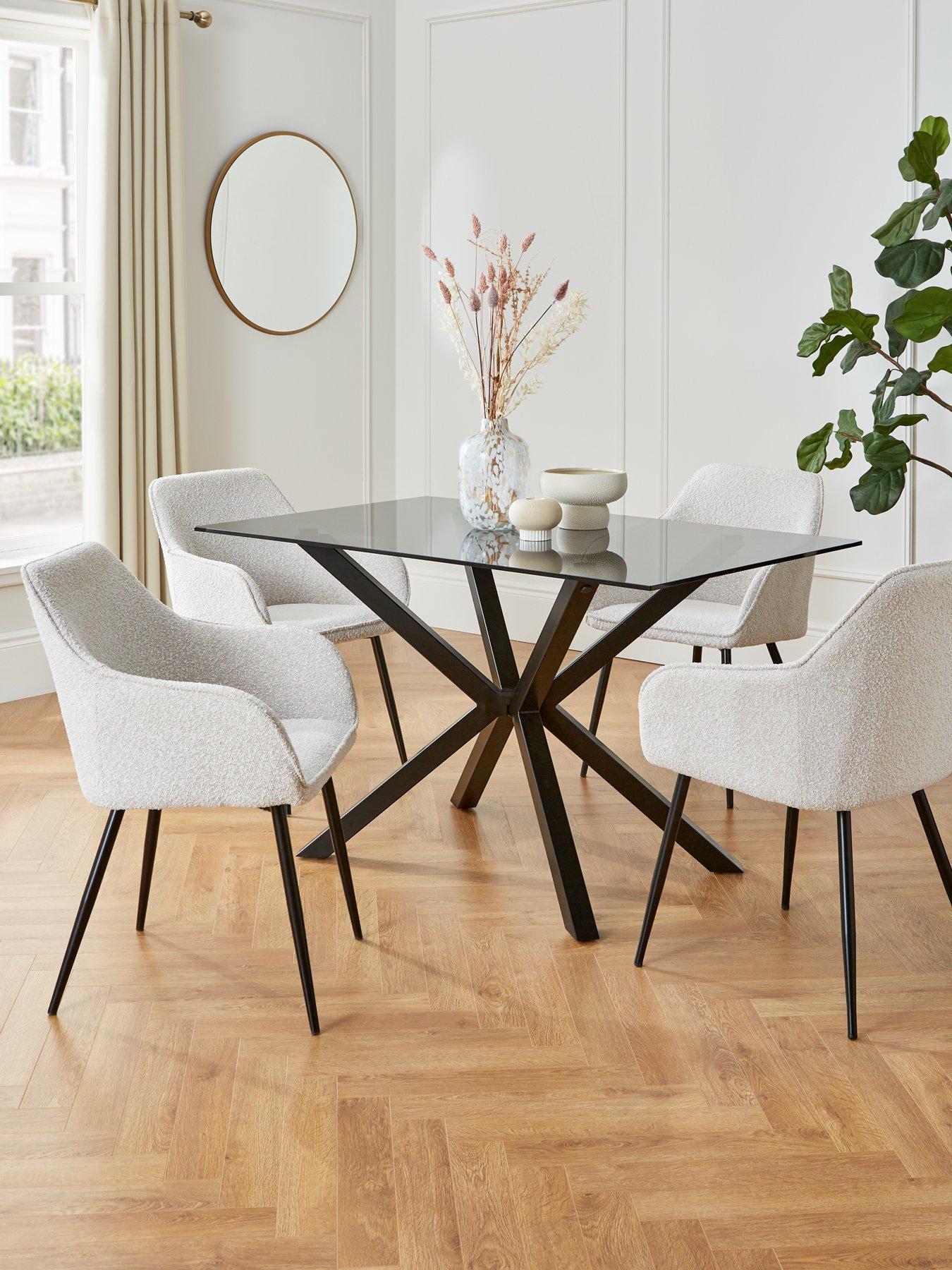 Very Home Chopstick 130 cm Rectangular Glass Top Dining Table + 4 Alisha Boucle Chairs - Black/Cream
