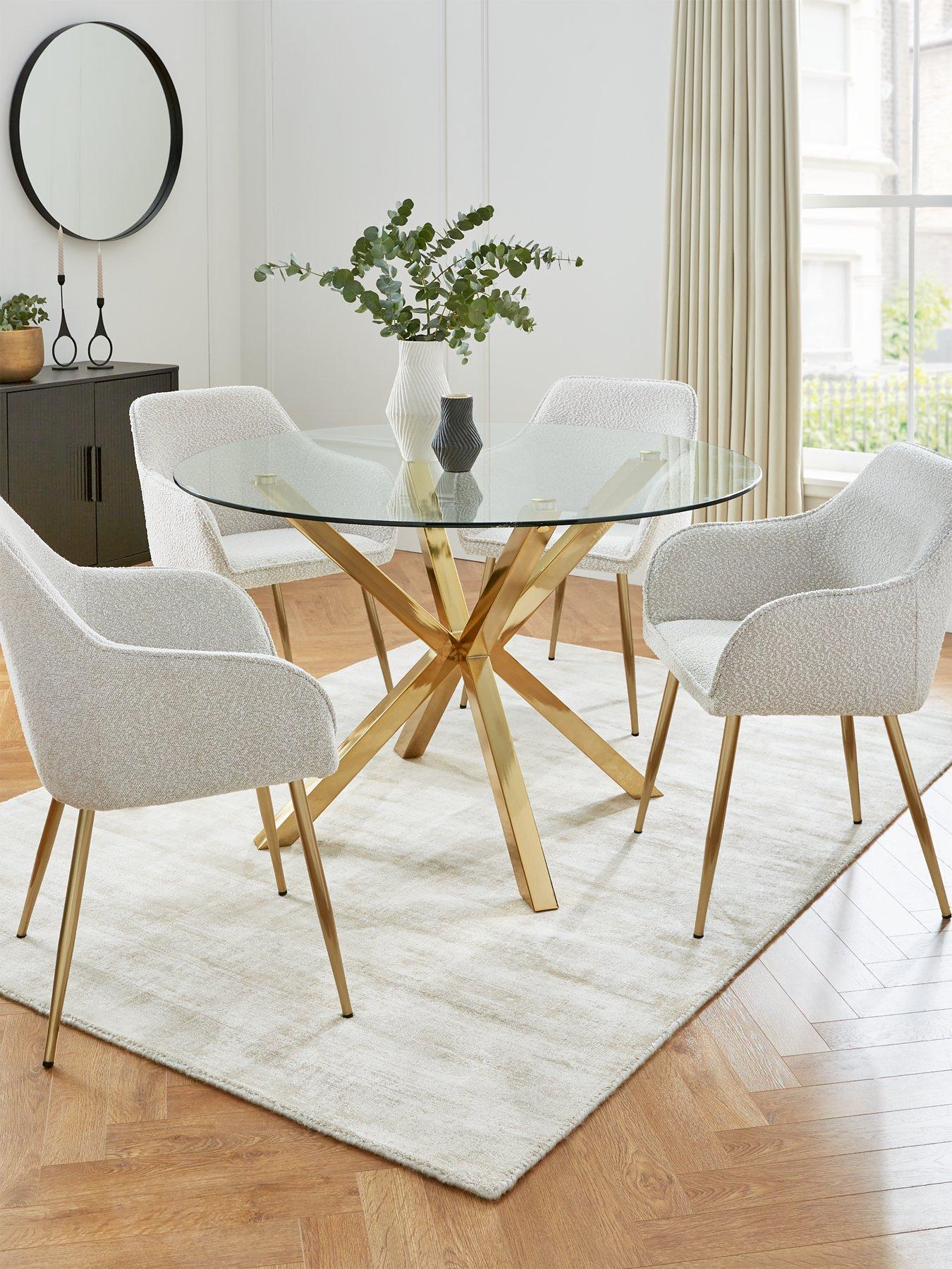 The Very Collection Chopstick 120 cm Round Dining Table plus 4 Alisha Boucle Chairs - Brass/Cream