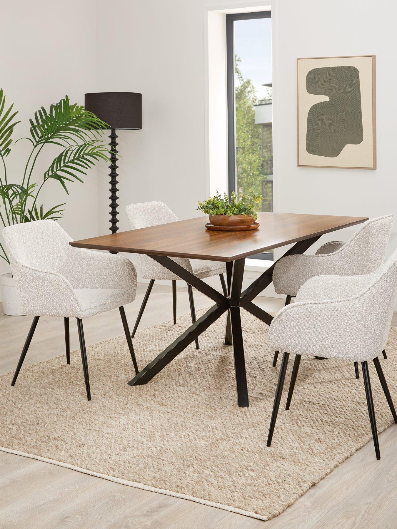Very Home Chopstick 160 cm Rectangle Wood Top Table + 4 Alisha Boucle Chairs - Brown/Black/Cream