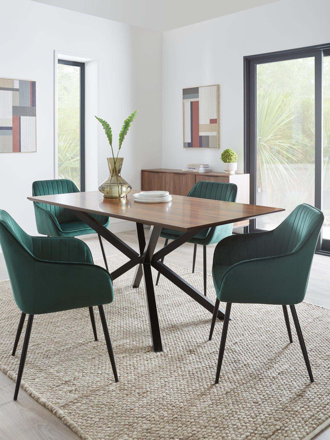 Very Home Chopstick 160 cm Wood Top Table + 4 Alisha Boucle Chairs in Brown/Black/Green