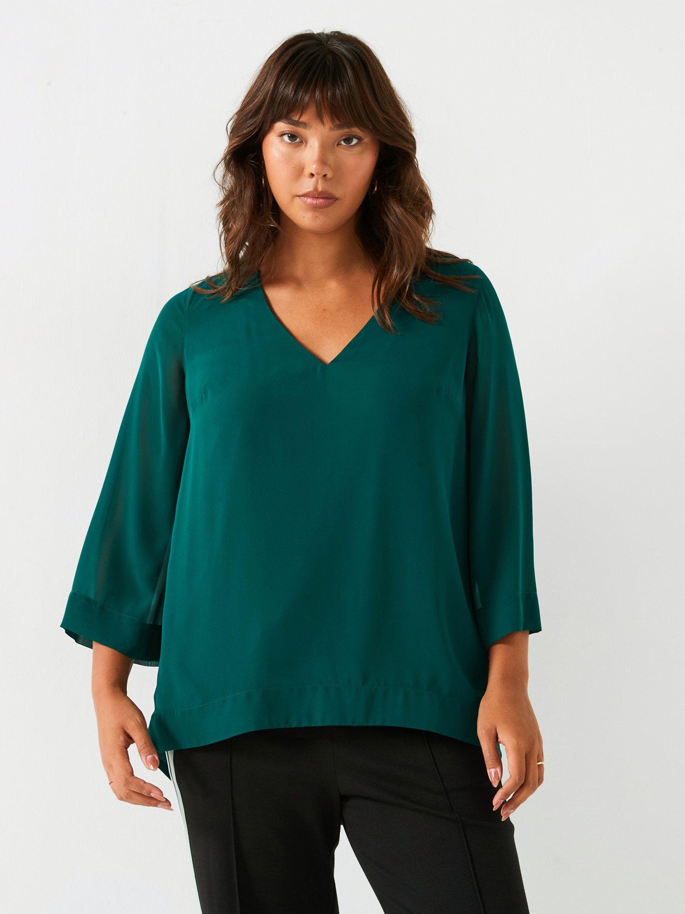 Image 1 of 6 of V by Very Curve 3/4 Sleeve Chiffon Blouse - Green
