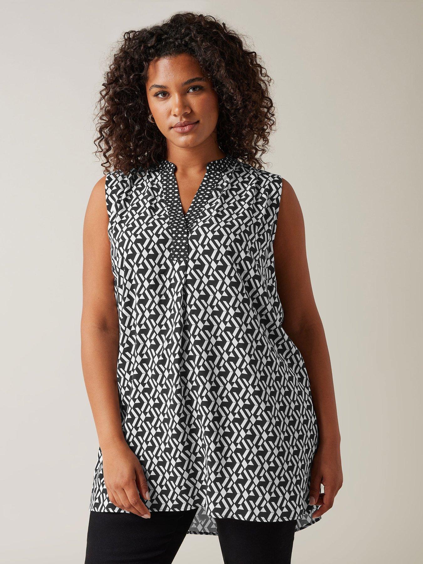 undefined Half Placket Sleeveless Tunic - Black/White