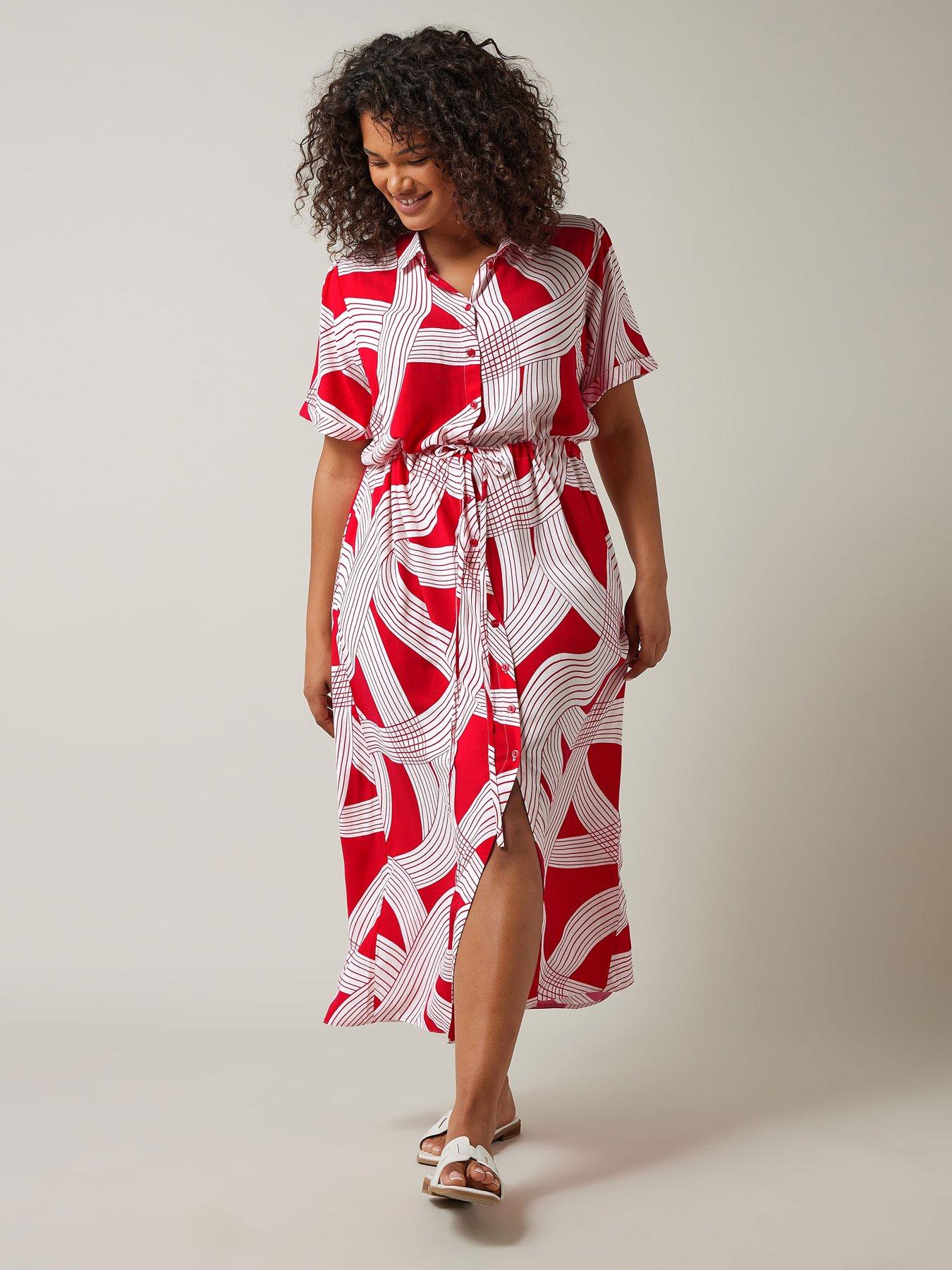  image of evans-linear-print-shirt-dress-red