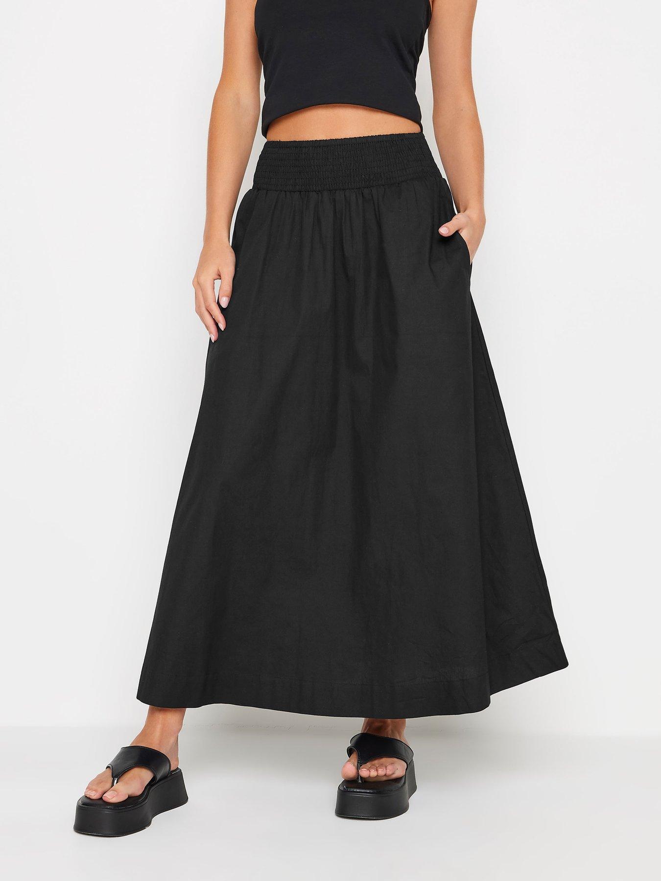 undefined Petite Black Poplin Shirred Maxi Skirt
