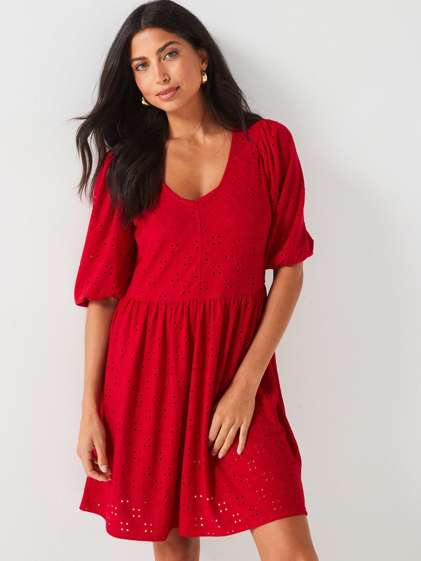 undefined Broderie Puff Sleeve Smock Mini Dress - Red