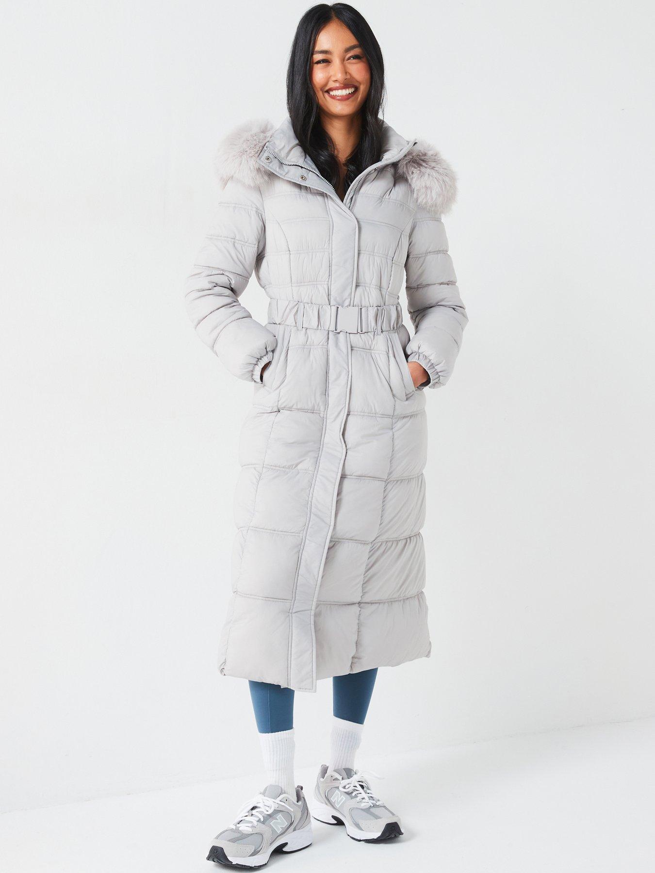 undefined Padded Longline Hood Coat With Faux Fur Trim - Grey
