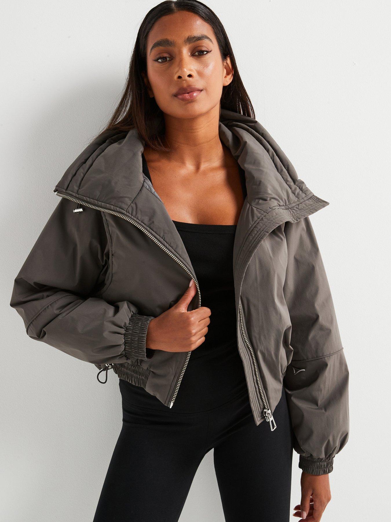 undefined Short Padded Funnel Neck Coat - Grey