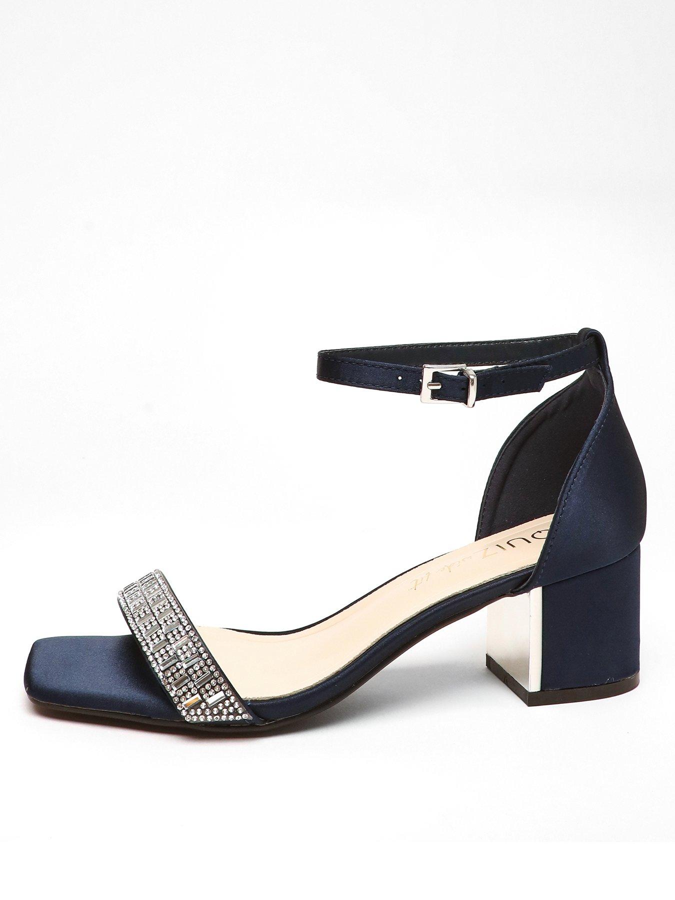 Wide Fit Navy Satin Diamante Low Block Heeled Sandals