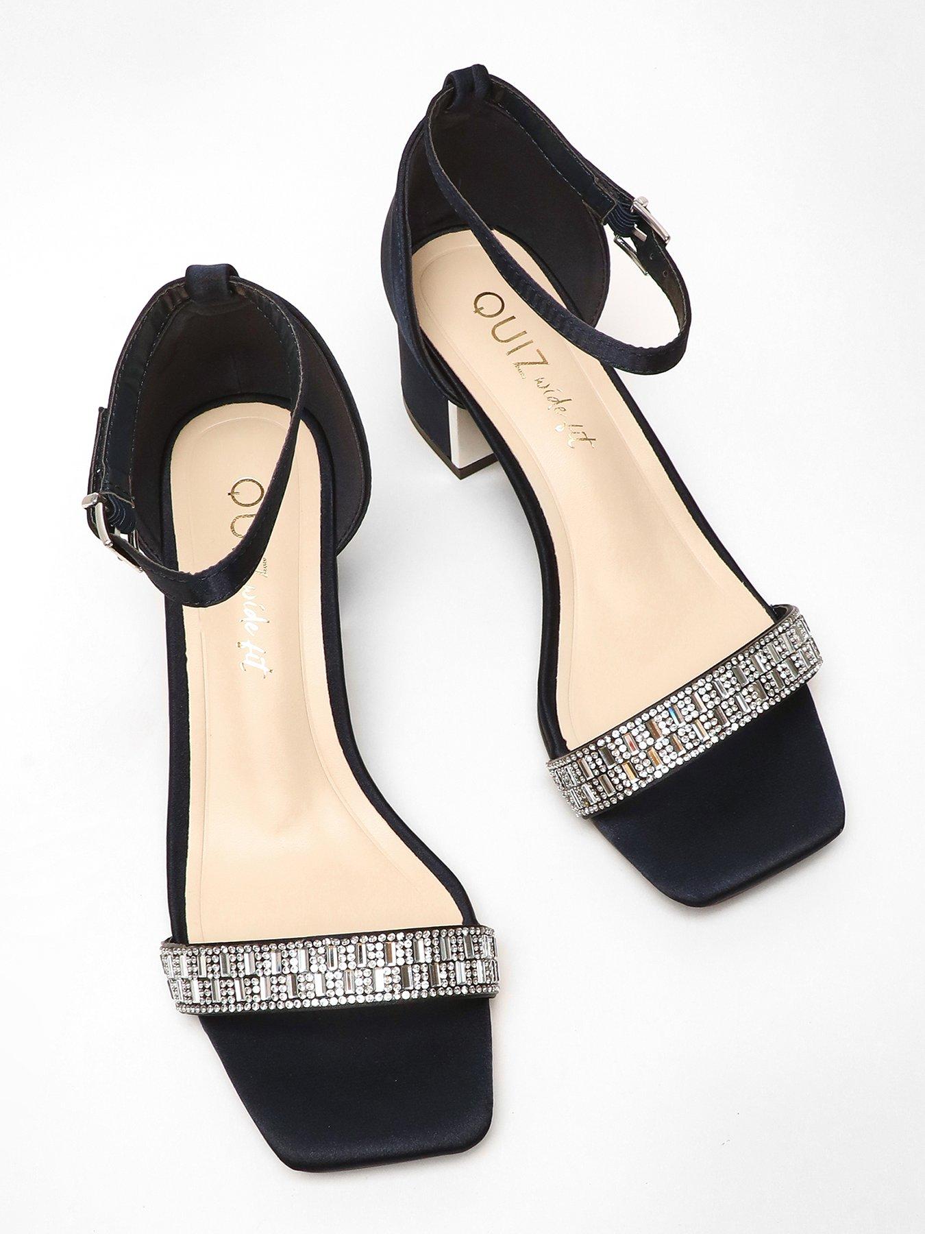Quiz Wide Fit Navy Satin Diamante Low Block Heeled Sandals littlewoods