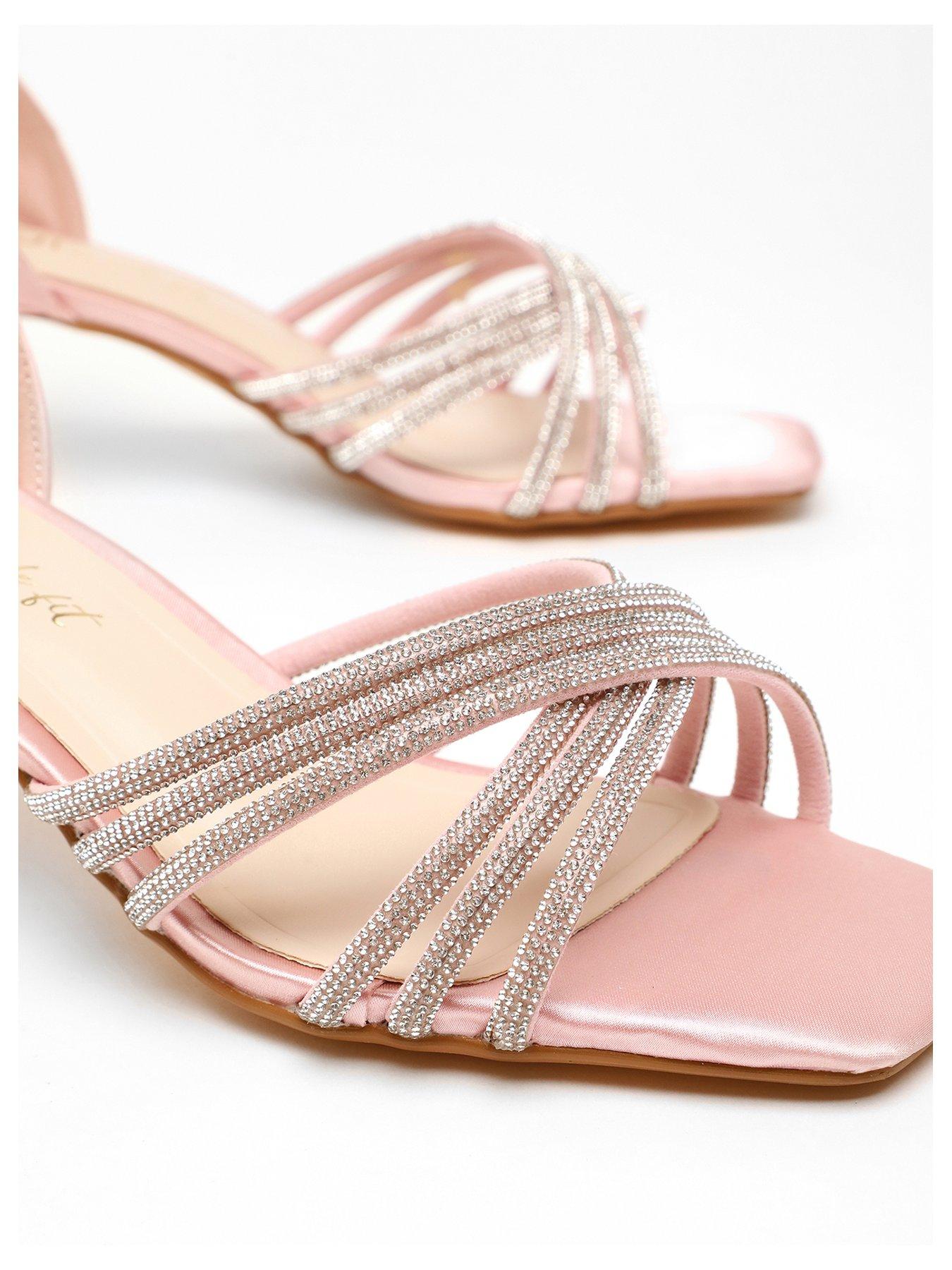 Quiz Wide Fit Pink Satin Diamante Cross Strap Low Heels Littlewoods