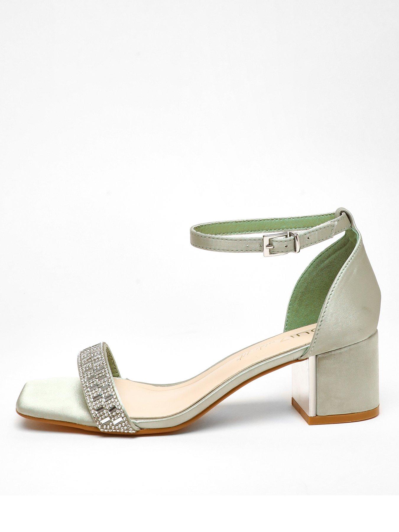 Quiz Wide Fit Sage Satin Diamante Low Block Heeled Sandals