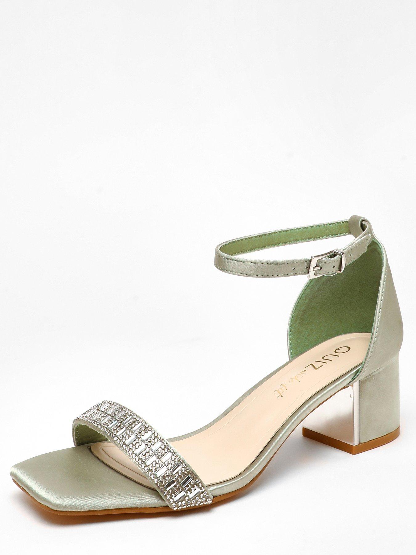 Quiz Wide Fit Sage Satin Diamante Low Block Heeled Sandals
