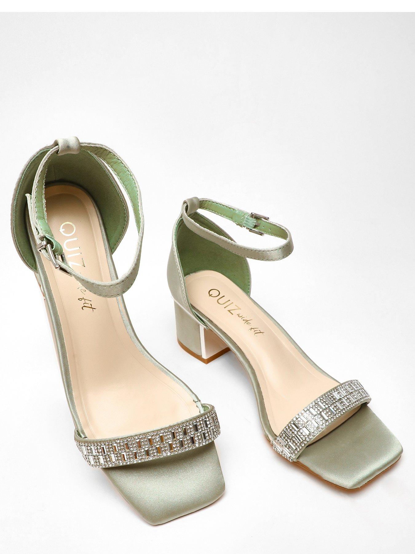 Quiz Wide Fit Sage Satin Diamante Low Block Heeled Sandals