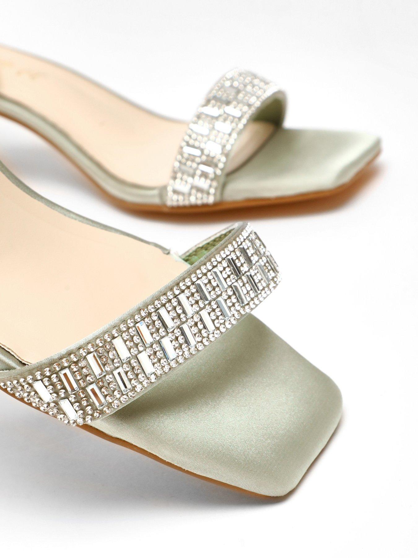 Quiz Wide Fit Sage Satin Diamante Low Block Heeled Sandals