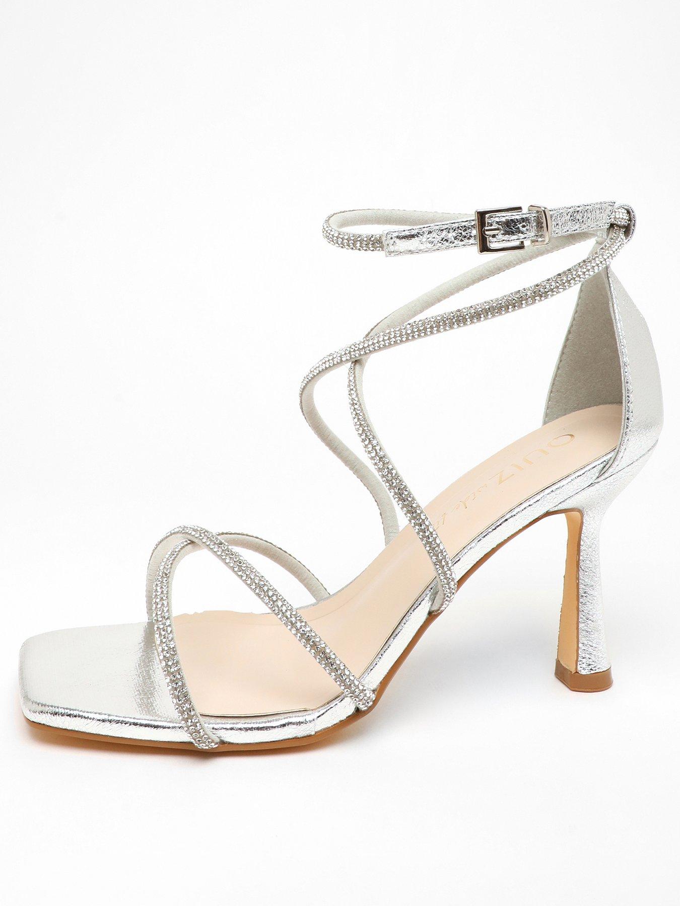Quiz Wide Fit Silver Foil Diamante Low Block Heeled Sandals
