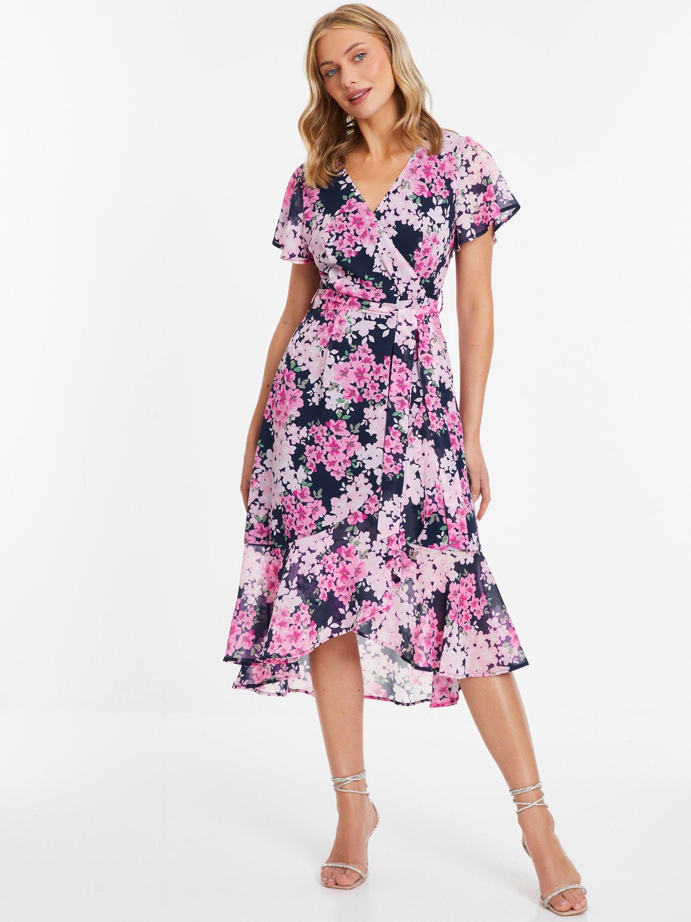 Navy Floral Dip Hem Midi Dress