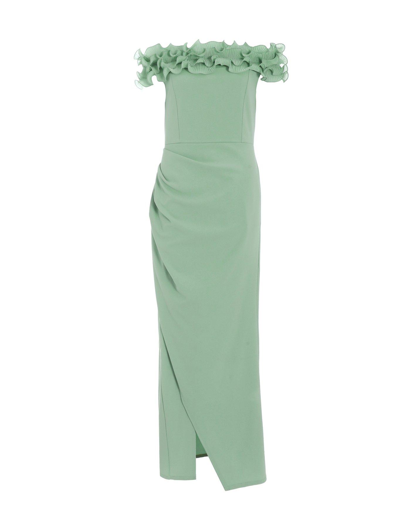 Quiz Sage Green Ruffle Bardot Maxi Dress Littlewoods