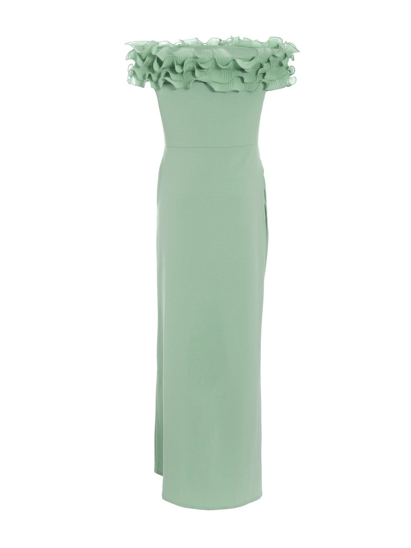 Quiz Sage Green Ruffle Bardot Maxi Dress | Littlewoods