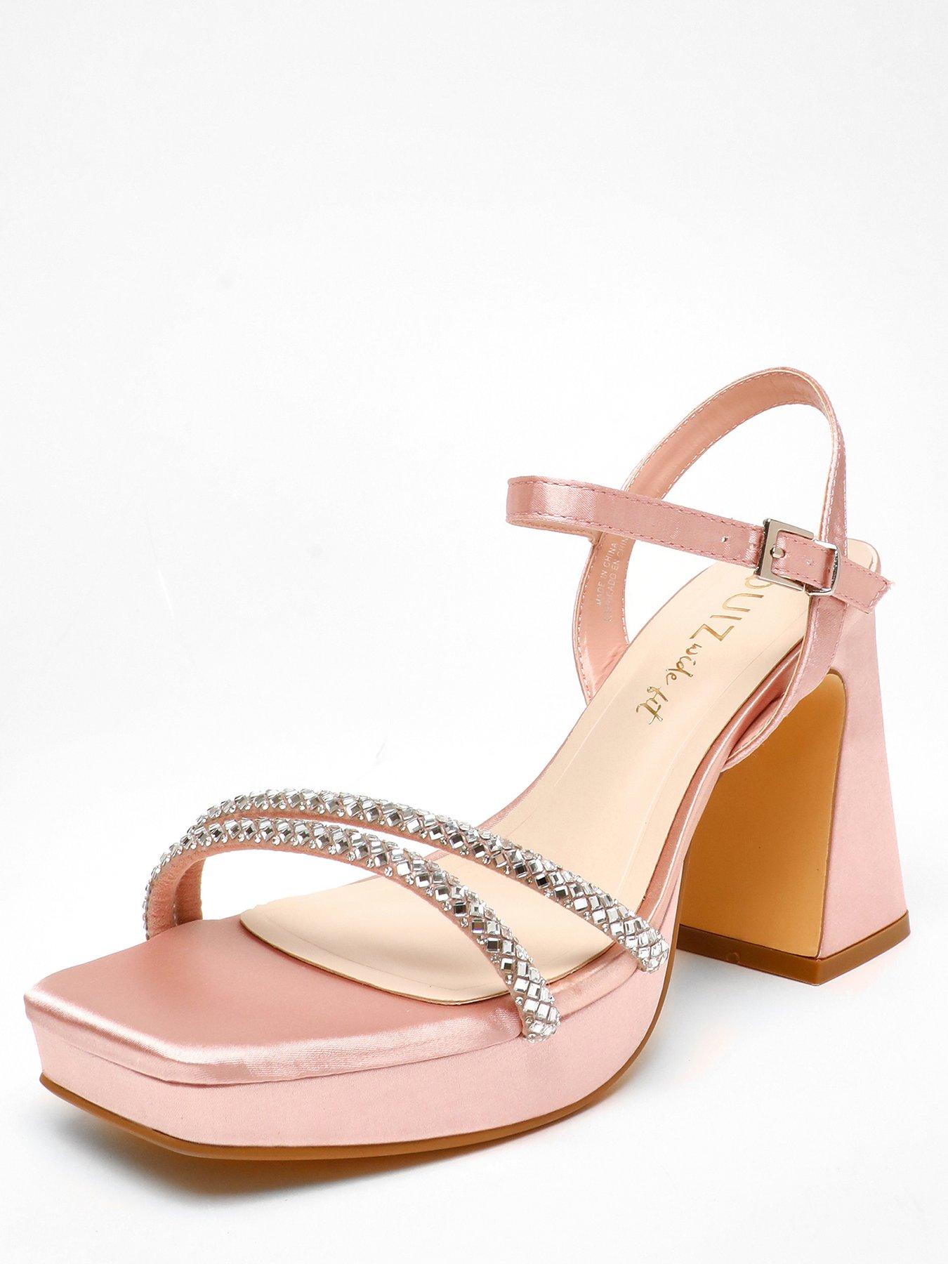 Quiz Wide Fit Light Pink Diamante Platform Heeled Sandals